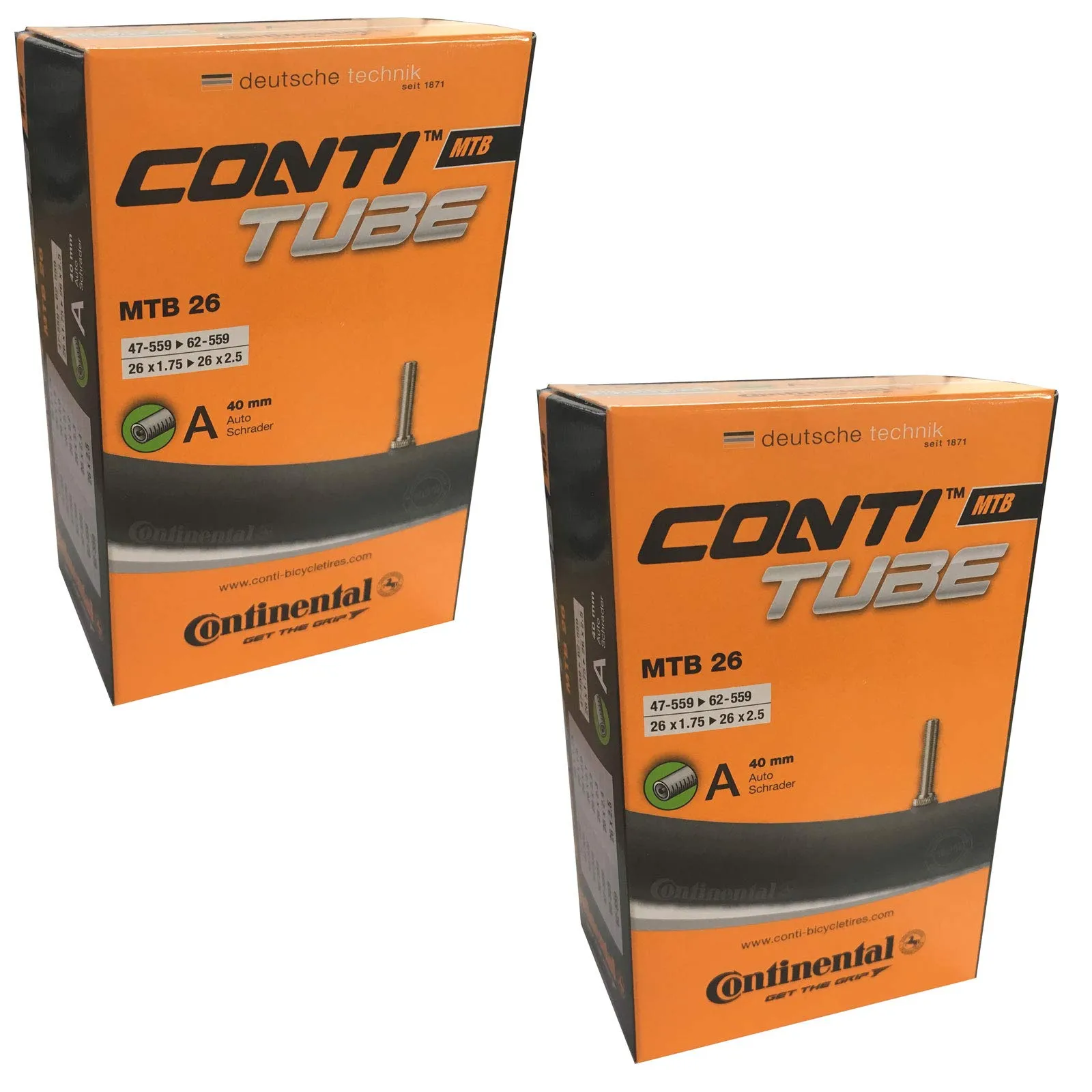 Continental MTB 26 Inner Tubes Set of 2 - Fits 1.75' to 2.5' Tyres, 40mm Schrader Valve, High Quality