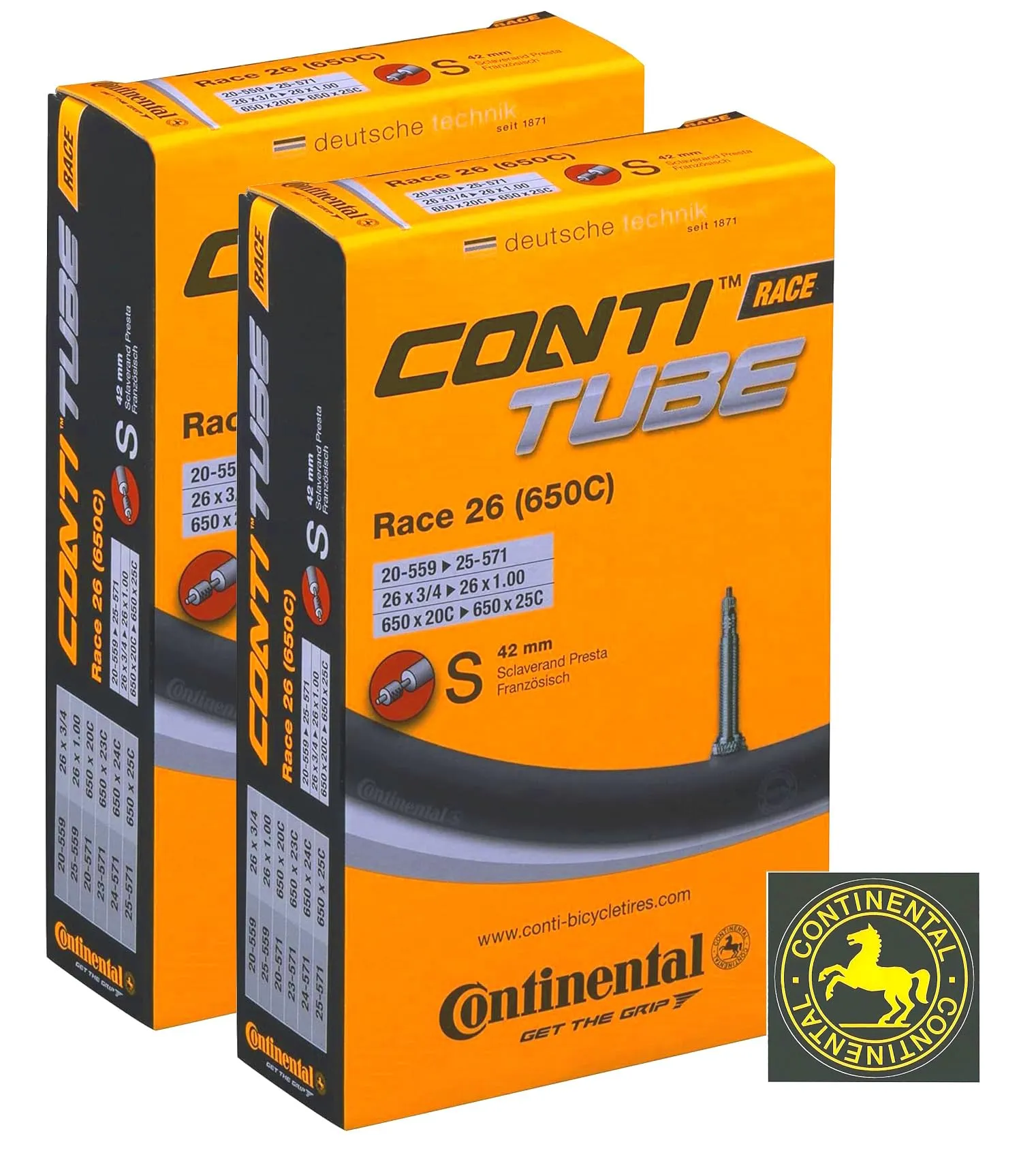Continental Race 26' 650x20-25c Inner Tubes - 42mm Presta Valve (Pack of 2 Tubes w/Sticker)