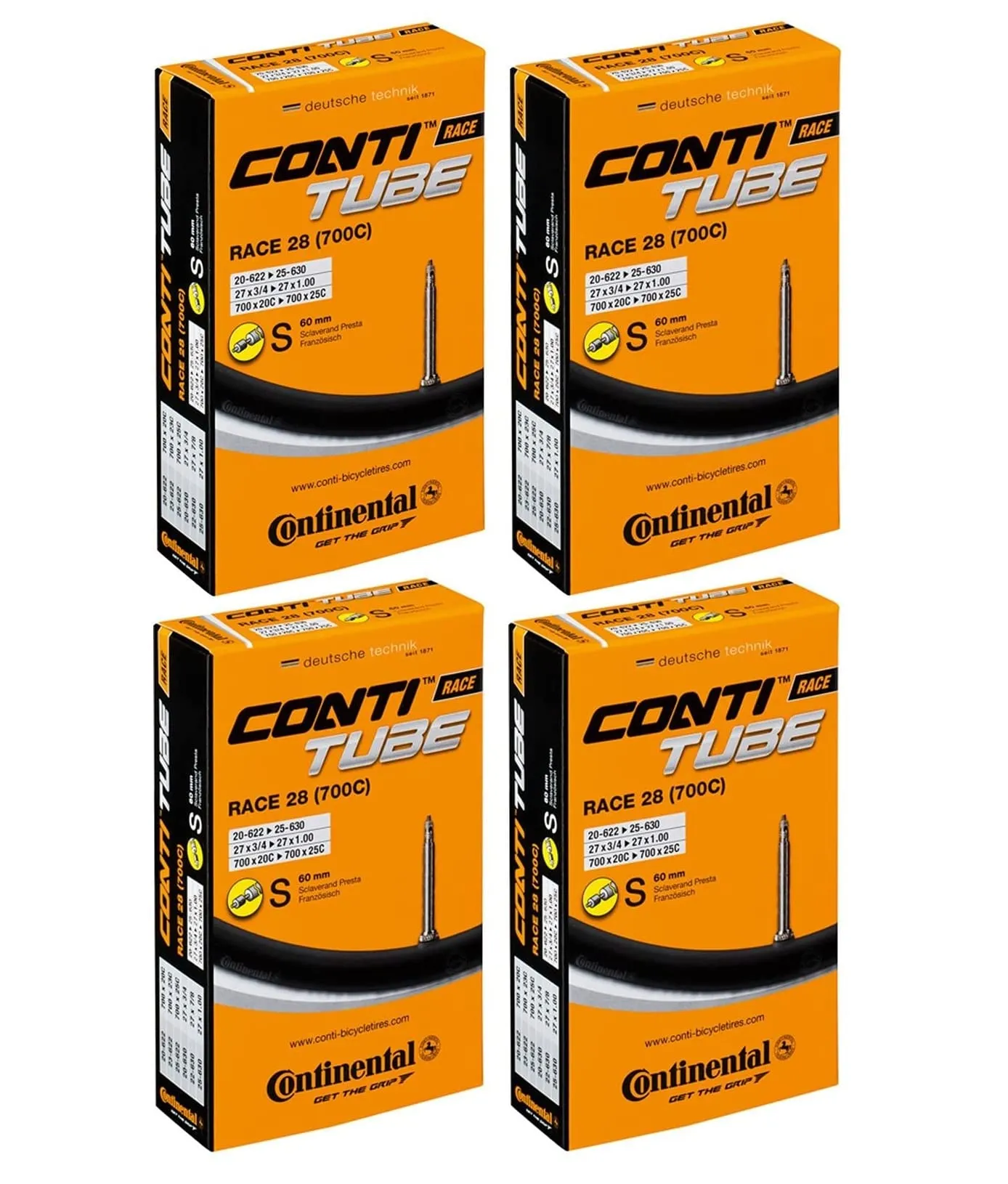 Continental Race 28' 700x20-25c Inner Tubes with 60mm Presta Valve - Pack of 4 Quality Tubes