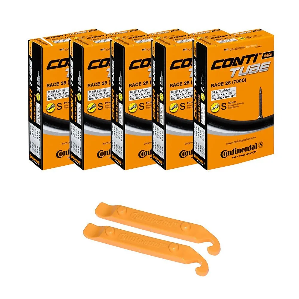 Continental Race 28 Bicycle Tubes 700x20-25 S60 Presta Valve 60mm - Pack of 5 & 2 Tire Levers