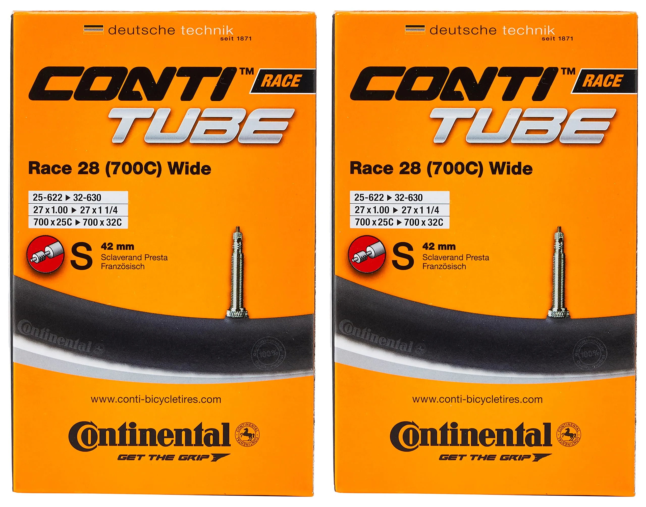 Continental Race Tube Wide 28' Inner Black 700x25-32c Presta Valve Pack of 2 for Road Bikes