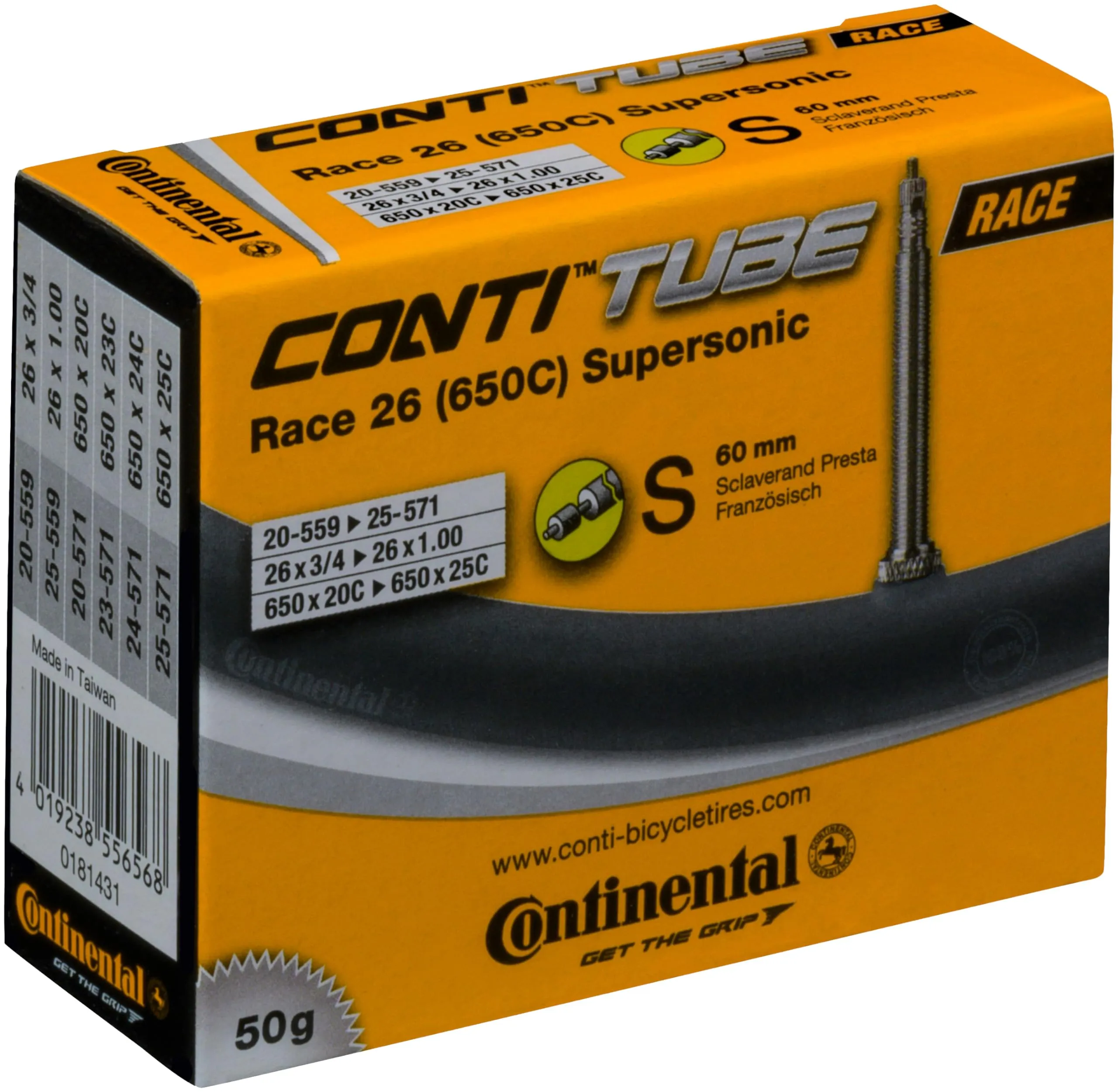 Continental Supersonic Tube 26'/650c x 20-25mm, 60mm Presta Valve, Ultra Light Butyl, 50g