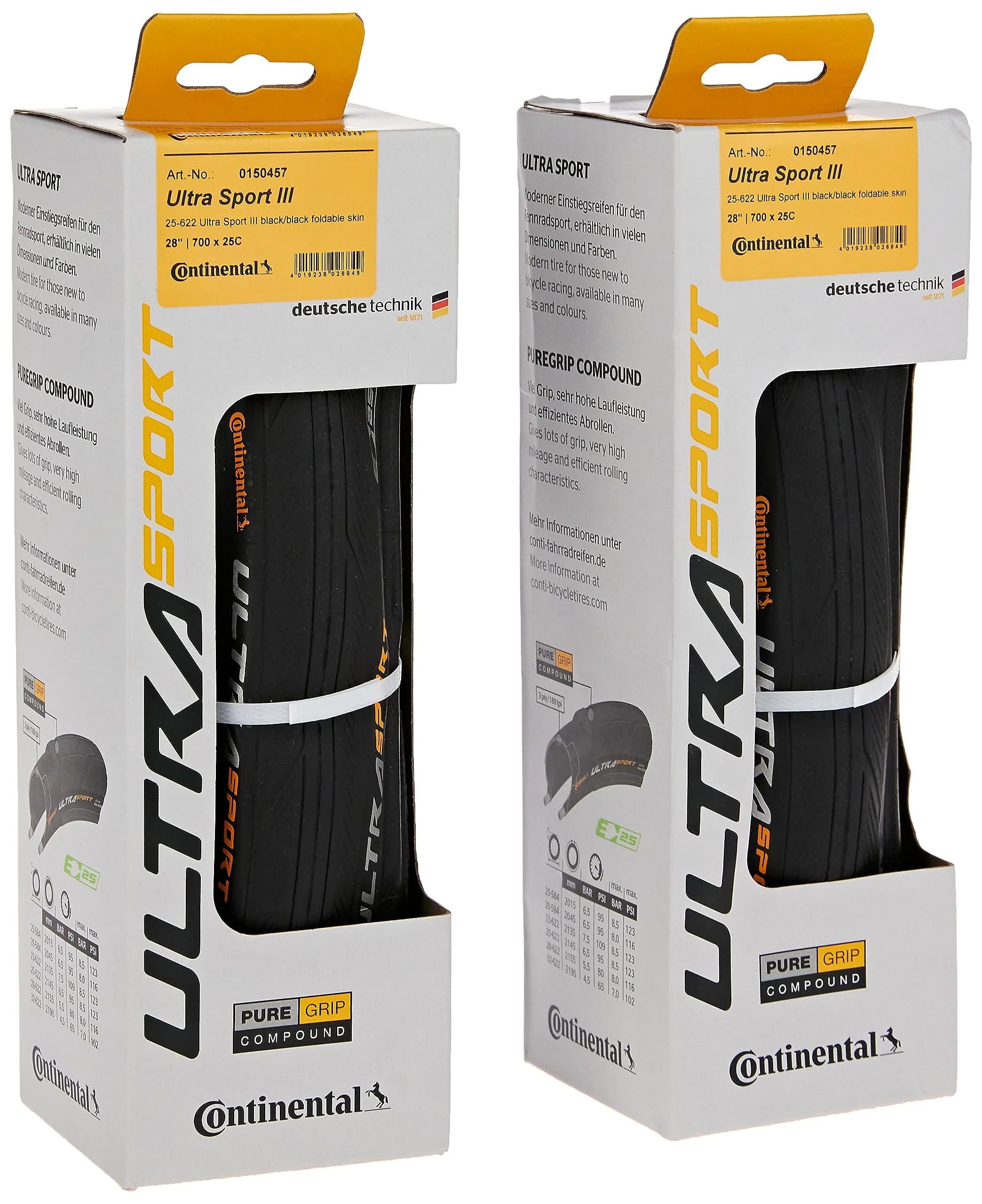 Continental Ultra Sport III 700x25 Black Folding Tires - Set of 2 with PureGrip Tread Design