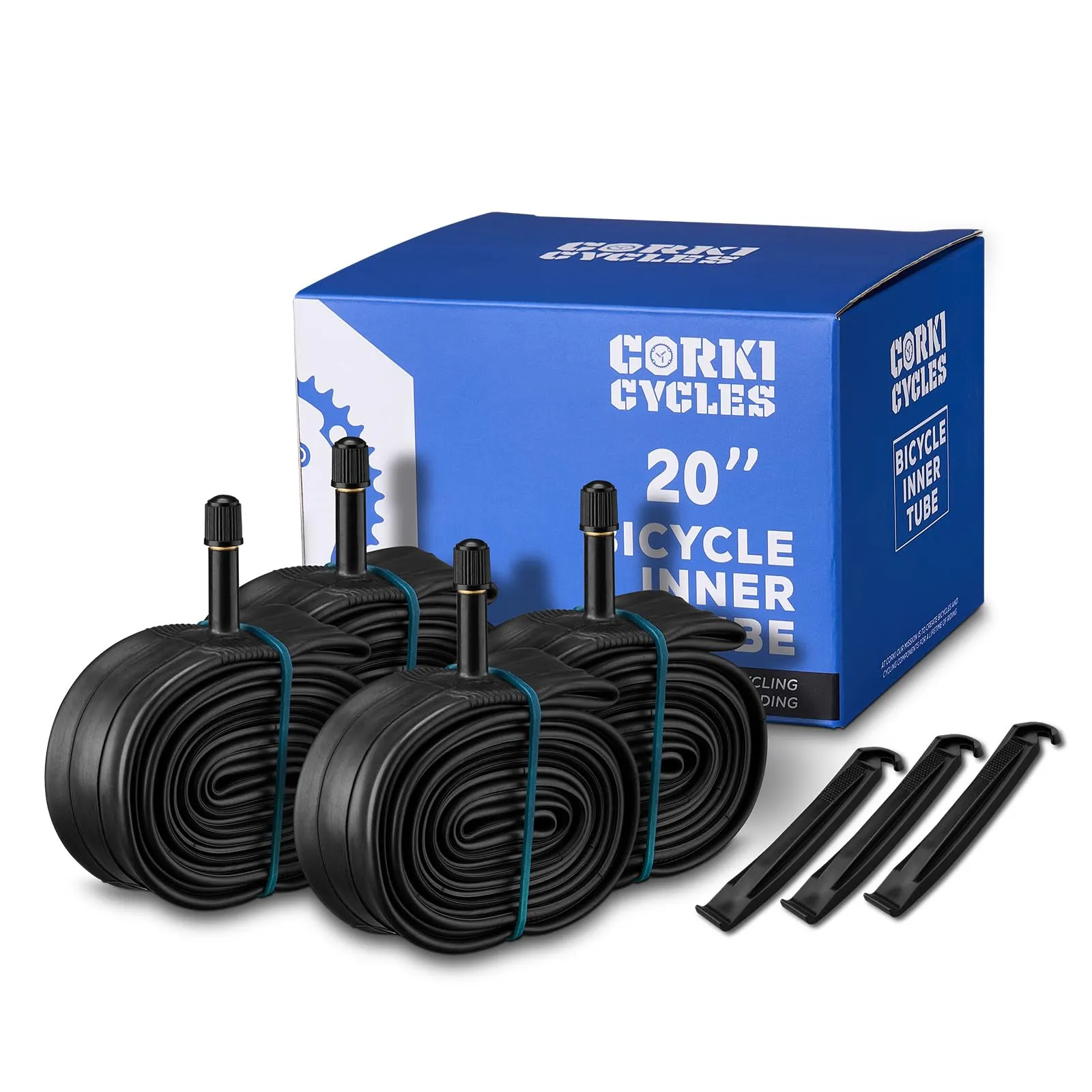Corki Cycles 20-Inch Bike Tube 4-Pack - Fits 1.35-2.4 Tires, Standard Schrader Valve, Butyl Rubber