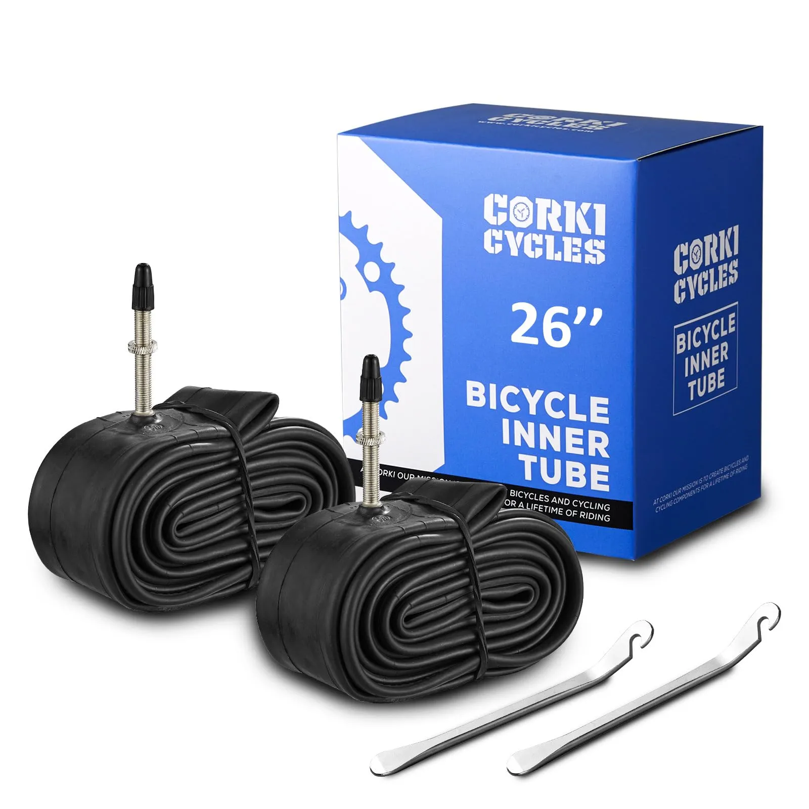 Corki Cycles 26 Inch Bike Tube 2-Pack, Presta & Schrader Valves, Durable Butyl Rubber, 48mm, 32mm