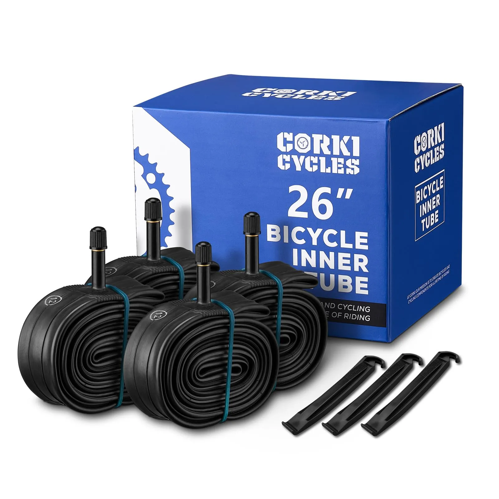 Corki Cycles 26 Inch Mountain Bike Inner Tube 4-Pack - Durable Butyl Rubber, Fits 26 x 1.75-2.125