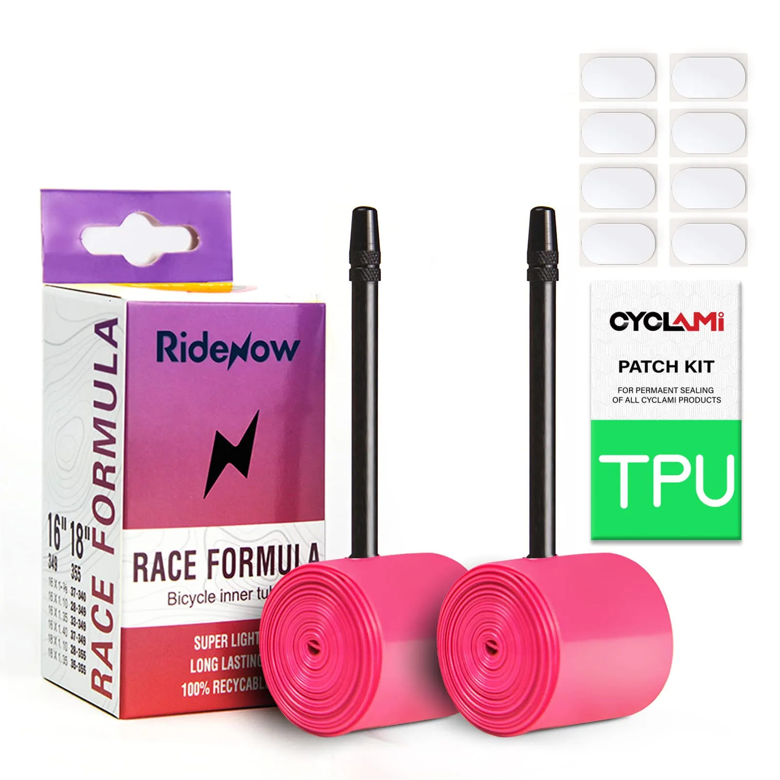CYCLAMI 2 PCS Folding Bike Inner Tube 16'/18' x 23-40 TPU Tire, 65mm French Valve, Includes Repair Kit