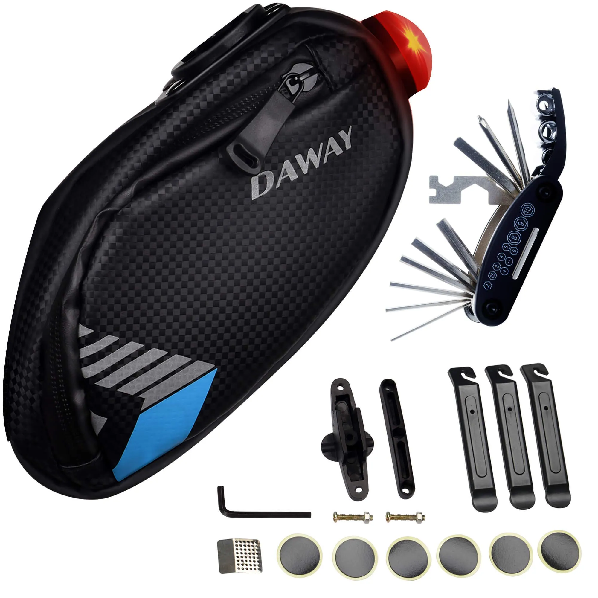 DAWAY Bike Repair Tool Kit - 120 PSI Pump, 16-in-1 Multitool, Saddle Bag, Waterproof, Safety Light