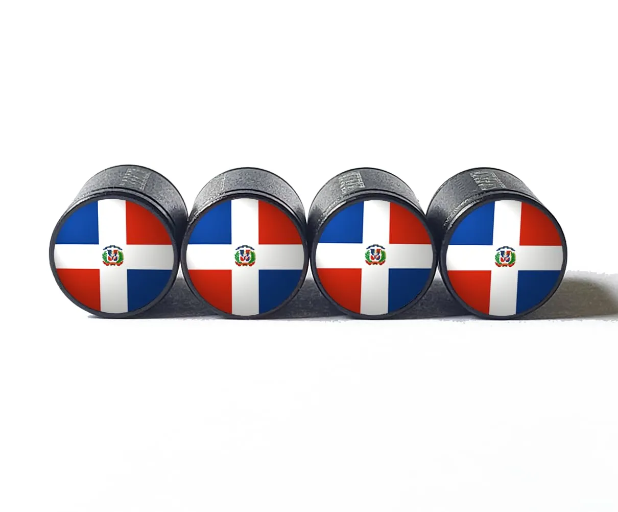 Dominican Republic Flag Tire Valve Stem Caps - Black Aluminum Set of Four for Cars and Bikes