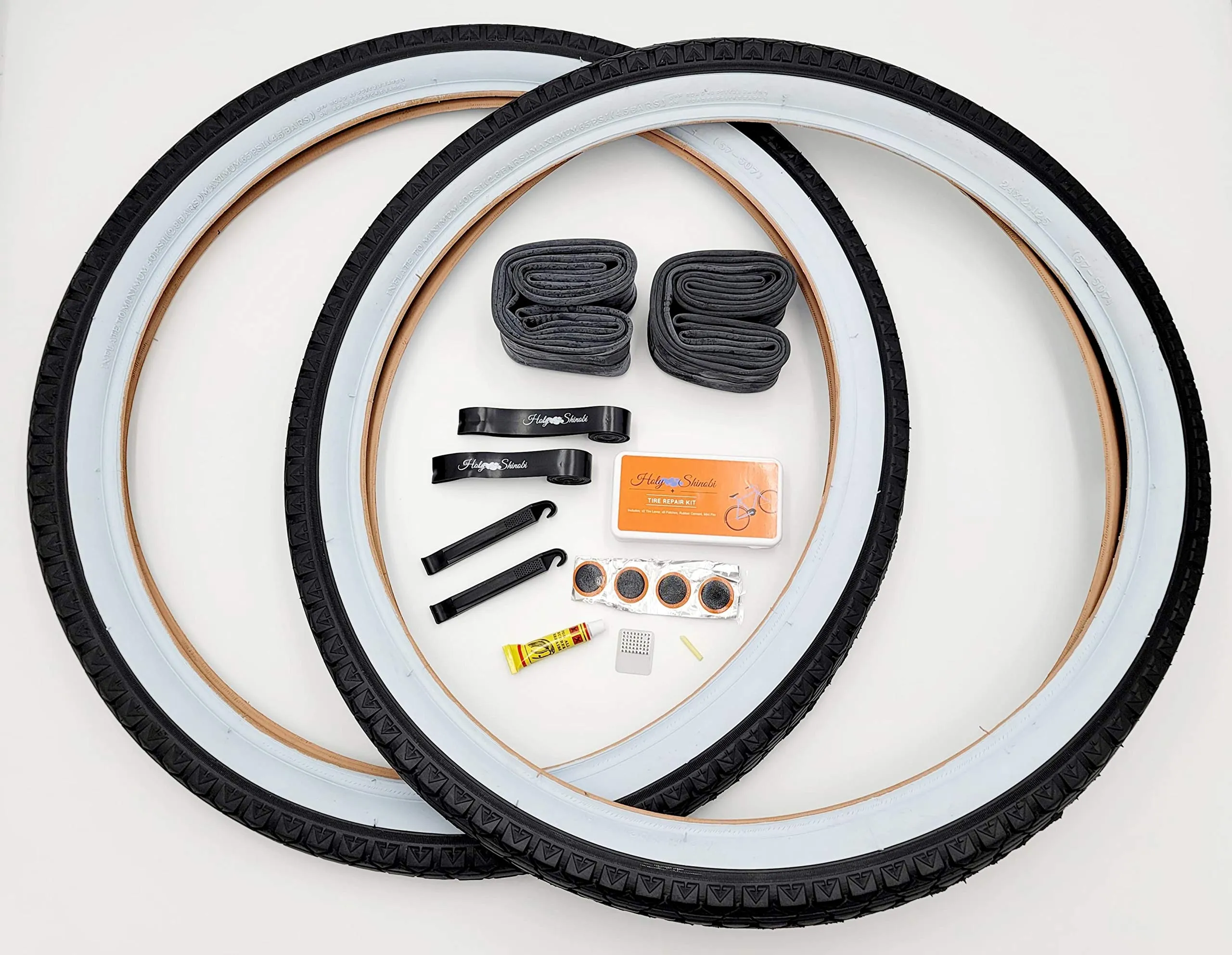 Durable Beach Cruiser Tire Bundle Kit with White Sidewall, 24x2.125, Inner Tubes, and Repair Tools