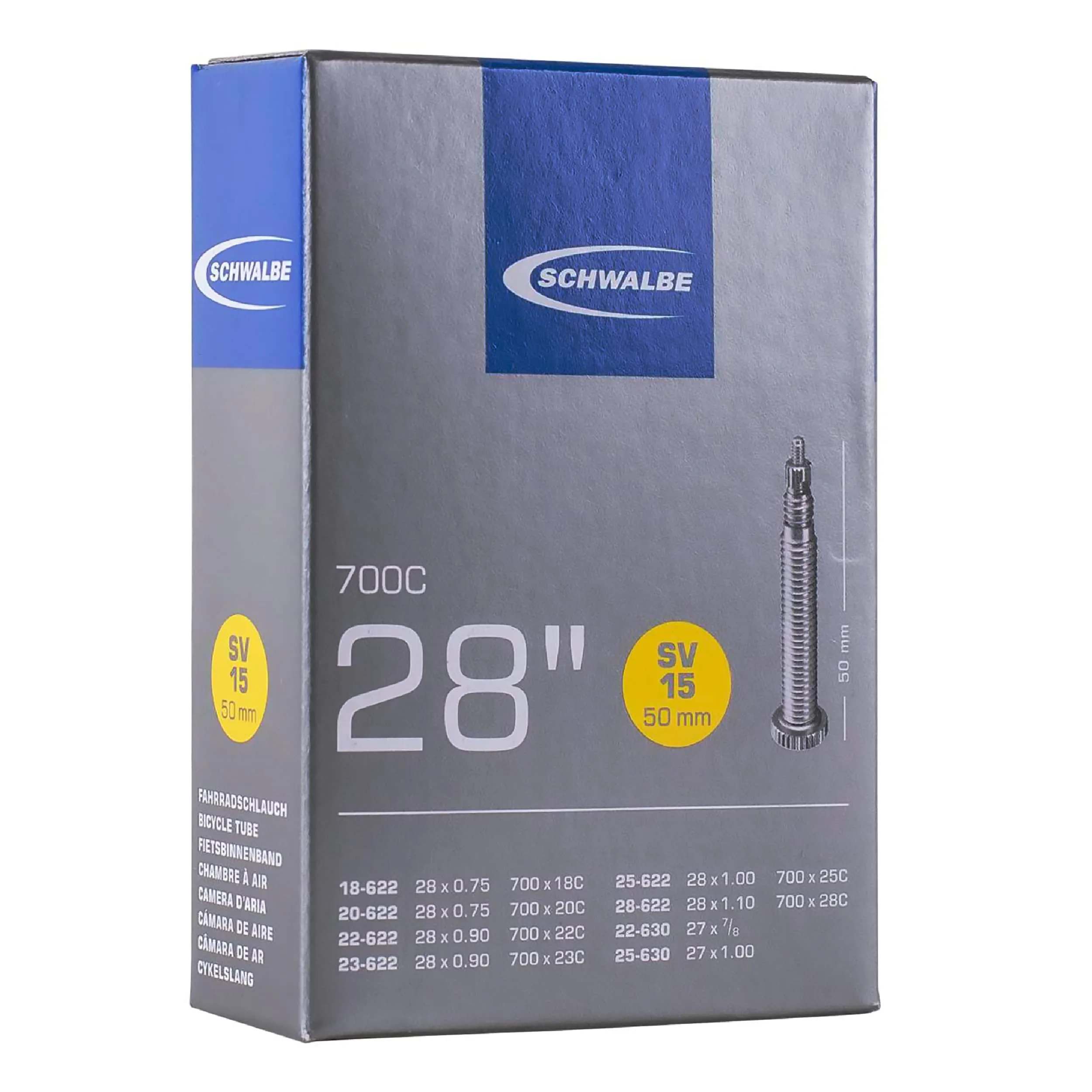 Fahrradschlauch SV15 18/28-622/630 EK 50 mm Presta Valve, 700 x 18-28, Removable Core, Butyl Tube