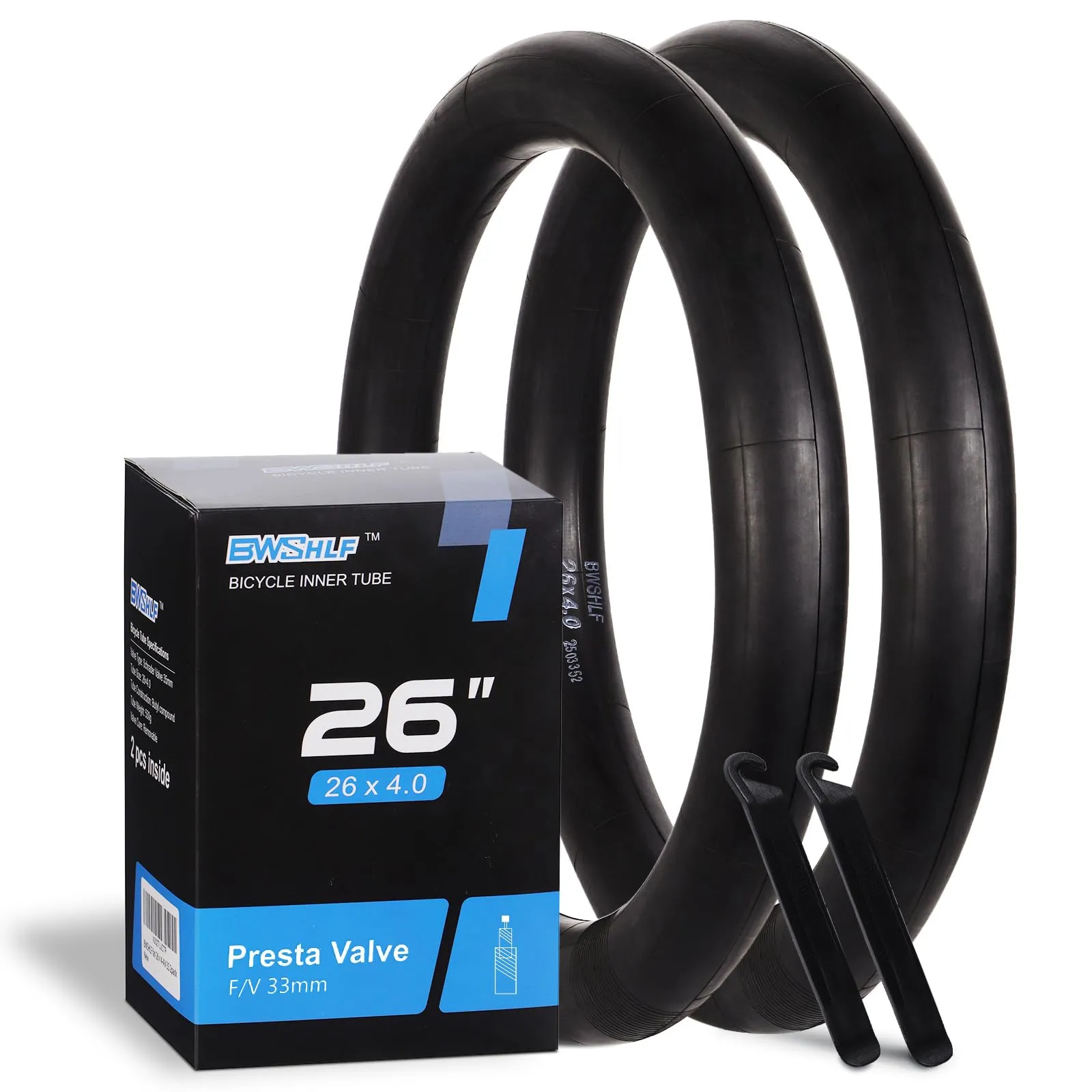Fat Tire Bike Tube 26 x 4.0 AV 35mm Schrader FV 33mm Presta Valve 2 Pack with Tire Levers Included