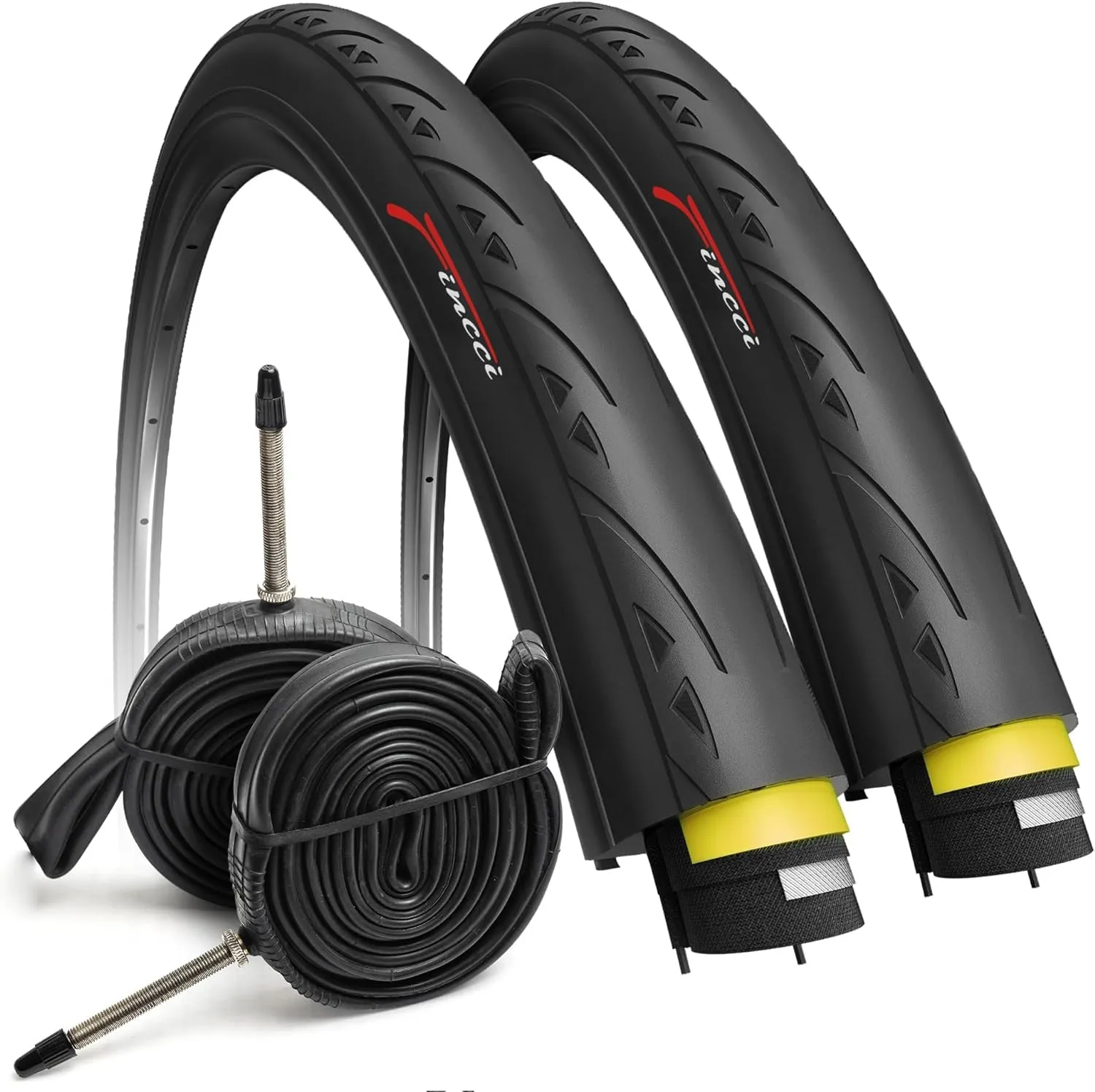 Fincci 700 x 25c Foldable Tire Set with 60mm Presta Valve Tubes - Lightweight & Durable Protection