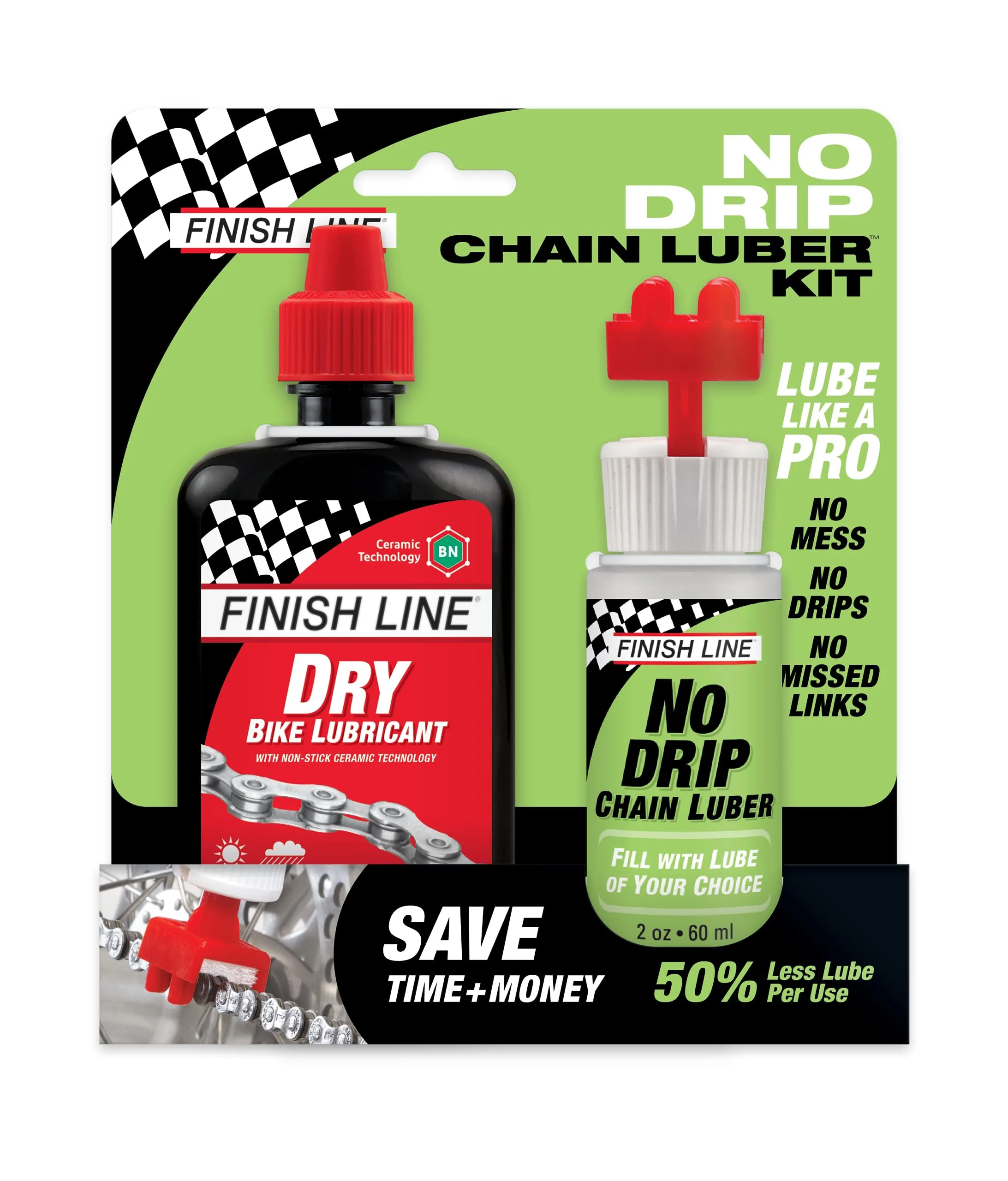 Finish Line No Drip Chain Luber 2oz with 4oz Dry Teflon Lube - Mess-Free, Efficient Chain Maintenance