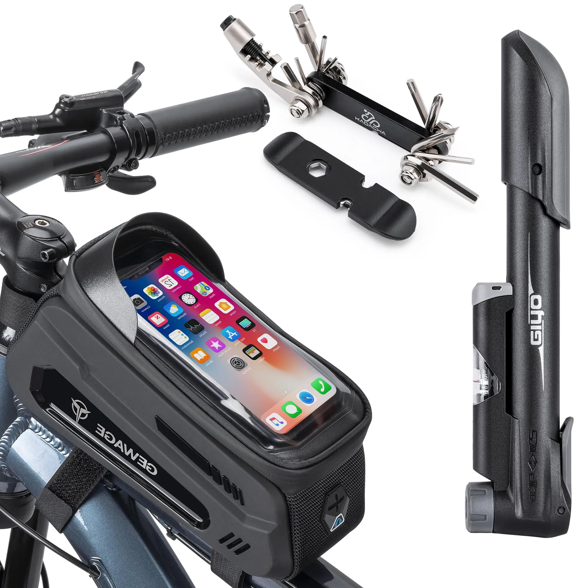 GEWAGE Bicycle Phone Mount Bag & Tire Pump, 15-in-1 Multitool Set for On-the-Road Repairs