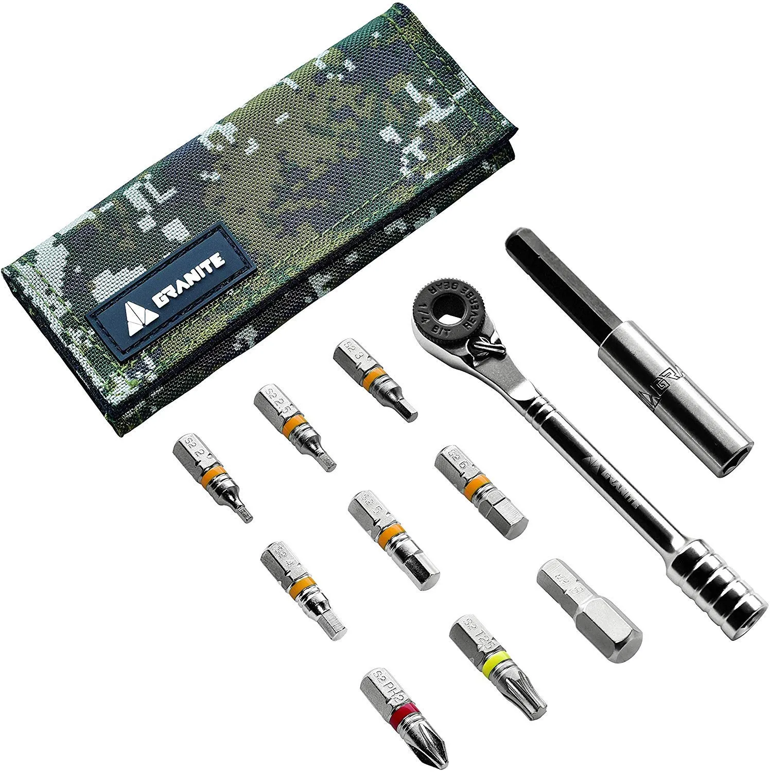 Granite Rocknroll Mini Ratchet Bike Tool Kit - Portable Multitool with 9 Bits & Extension Rod
