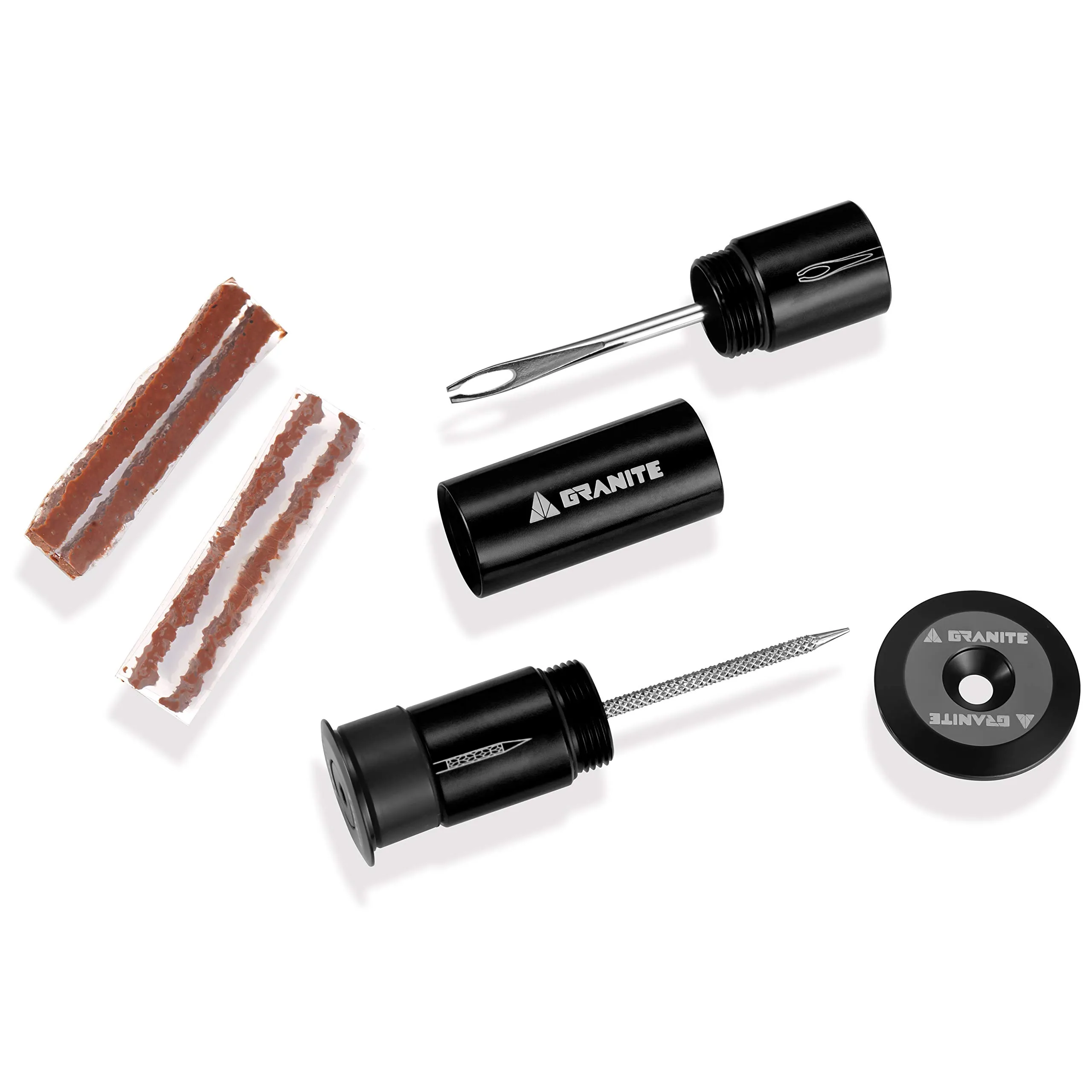 Granite Stash Tubeless Flat Tire Repair Kit - Portable Bike Tool with 2 Size Tire Plugs (Black)