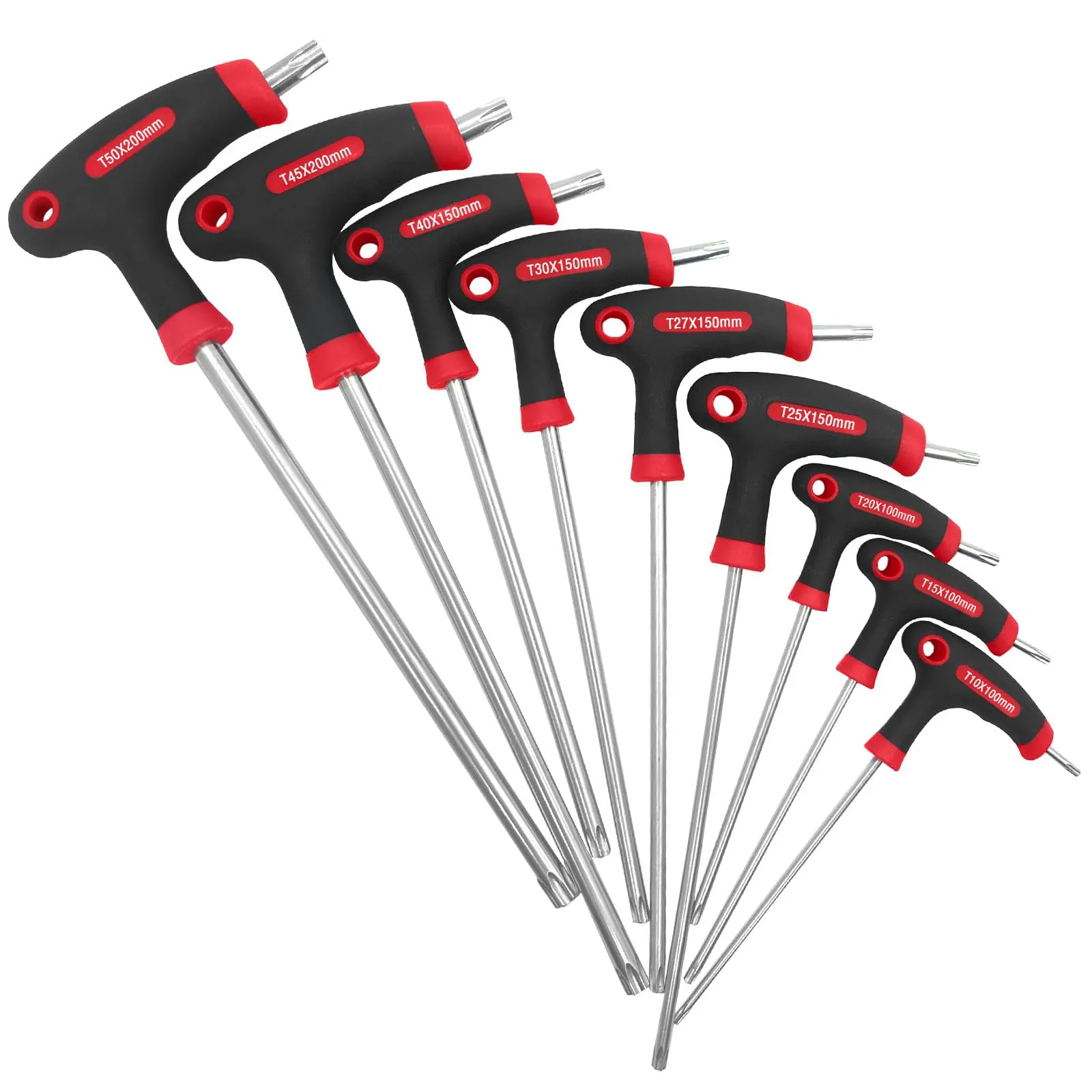 JONMON 9-Pcs T10-T50 Torx Key Wrench Set - Long Arm Hex Tool Kit for Bike Repair, Black & Red