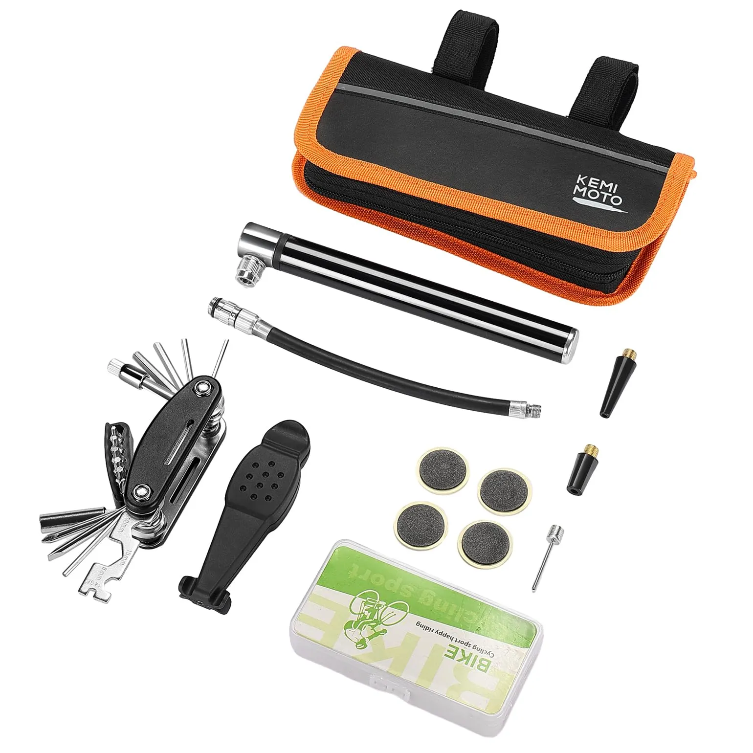 KEMIMOTO Multi-Function Bike Repair Tool Kit with Storage Bag & Tire Pump for Road/Mountain Bikes