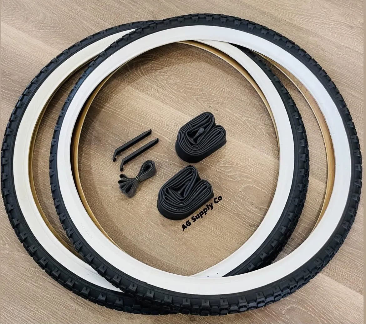 Knobby Chopper Beach Cruiser Bike Tire Bundle Kit - 26x2.125 White Sidewall, Inner Tubes & Levers