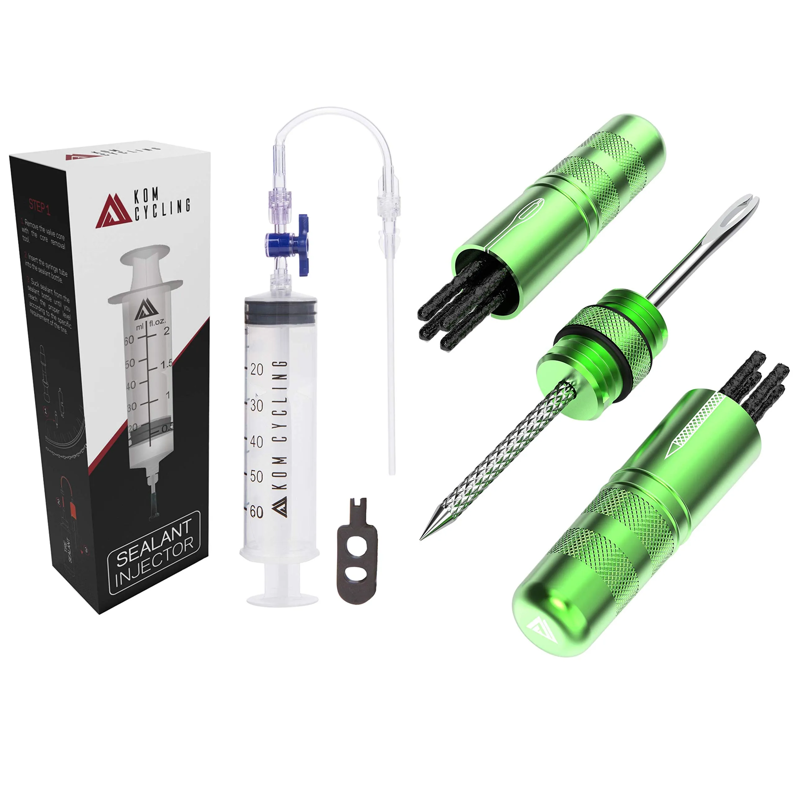 KOM Cycling Tubeless Sealant Injector + Tire Repair Tool Bundle - Green