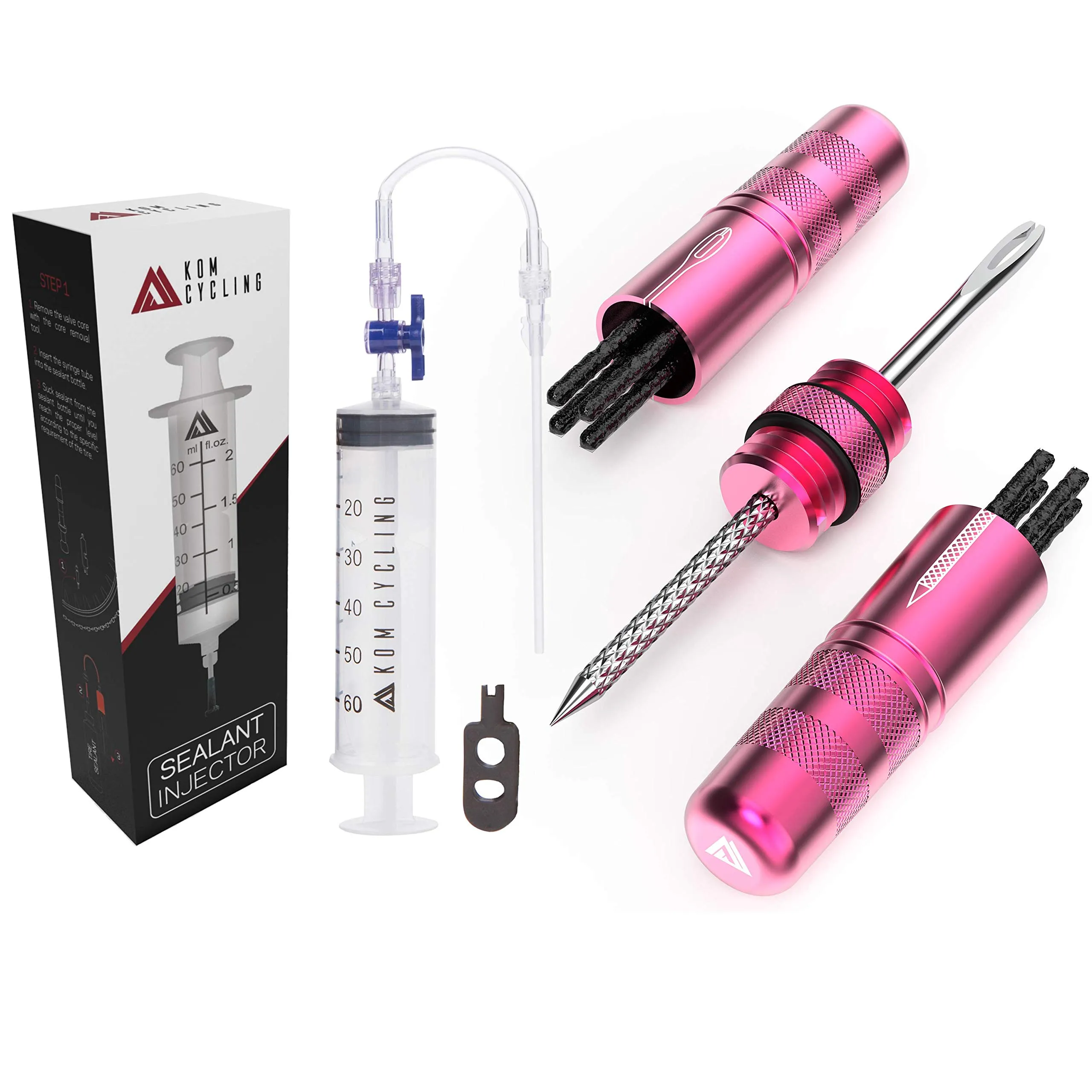 KOM Cycling Tubeless Sealant Injector + Tire Repair Tool Bundle - Pink for Easy Tire Maintenance