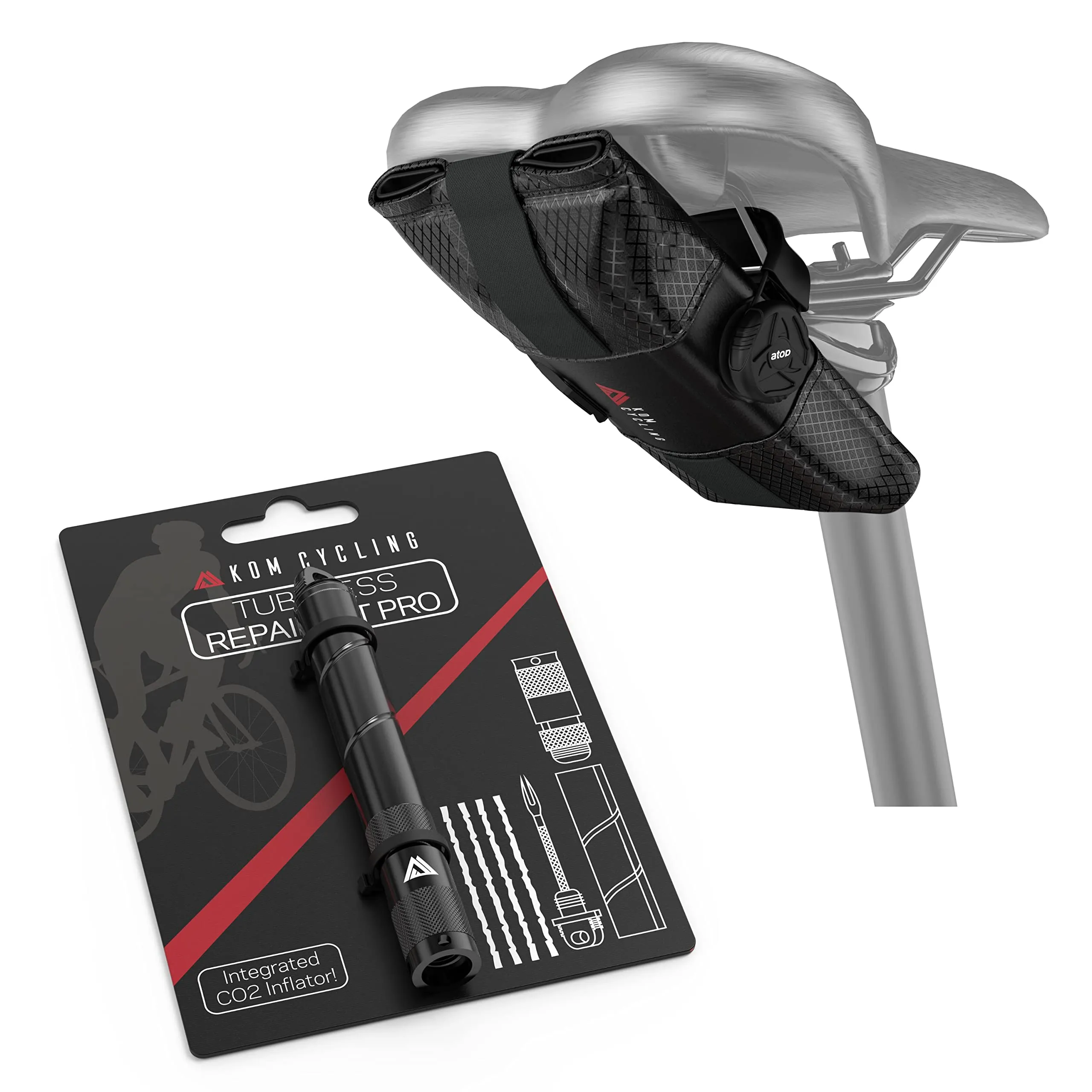 KOM Cycling Tubeless Tire Repair Kit Pro with CO2 Inflator & Saddle Tool Roll for Cycling