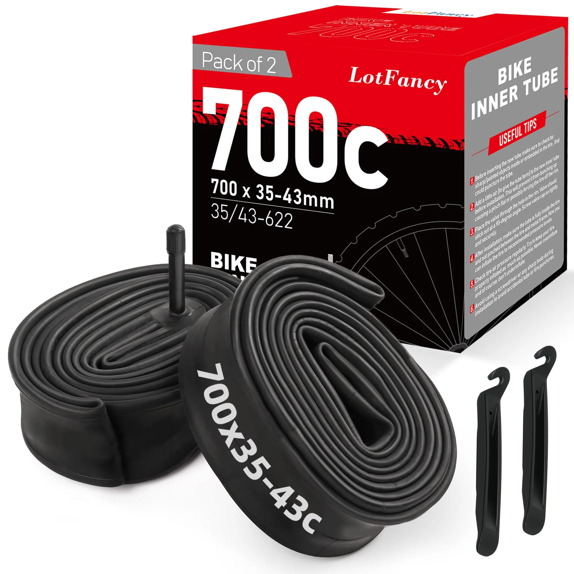 LotFancy 700C Bike Tubes - 2Pcs 700x35/43c - Fits 28'x1.35-1.75 - High Quality Butyl Rubber