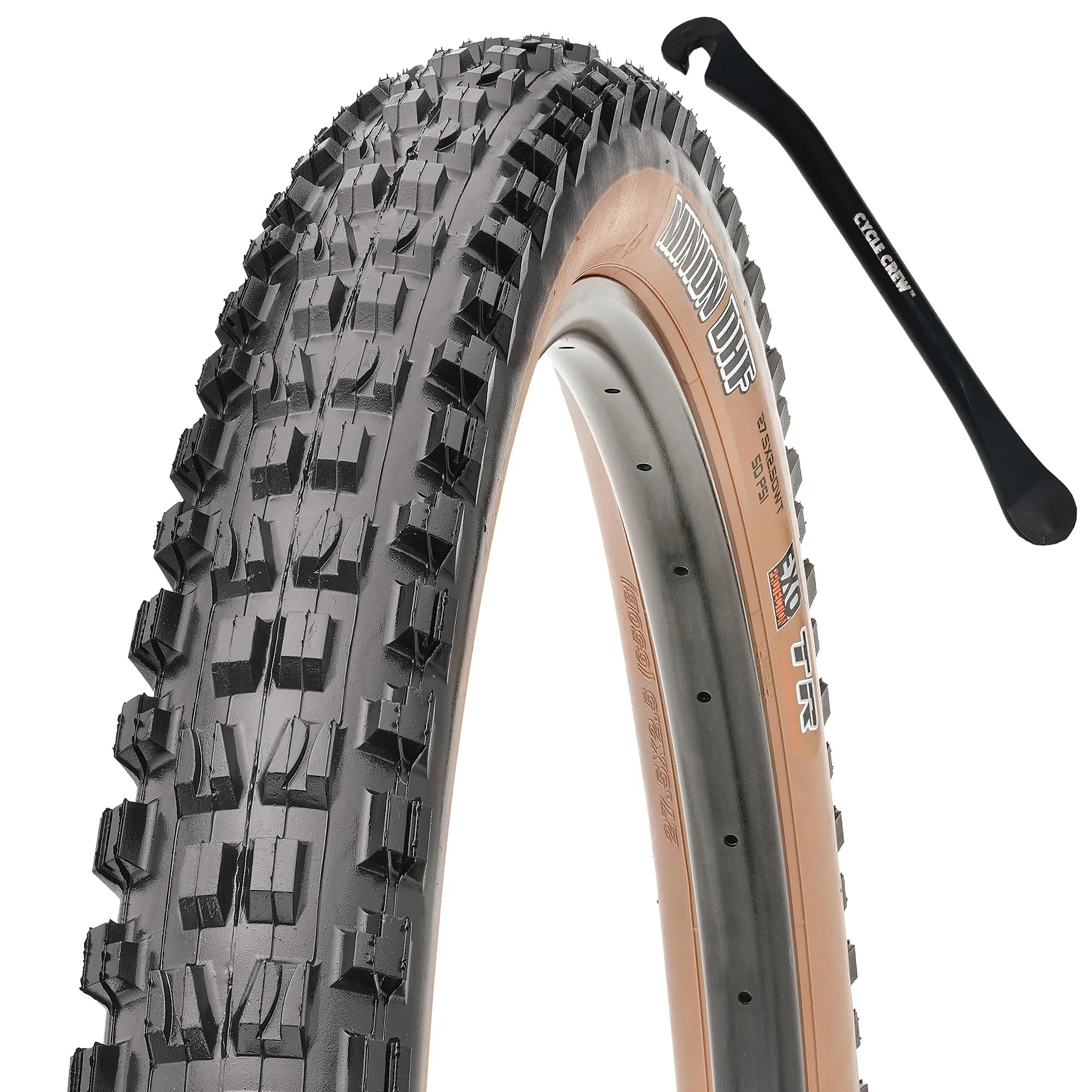 Maxxis Minion DHF Mountain Bike Tire - Tan Sidewall - 27.5' & 29' - Bundle with Tire Lever