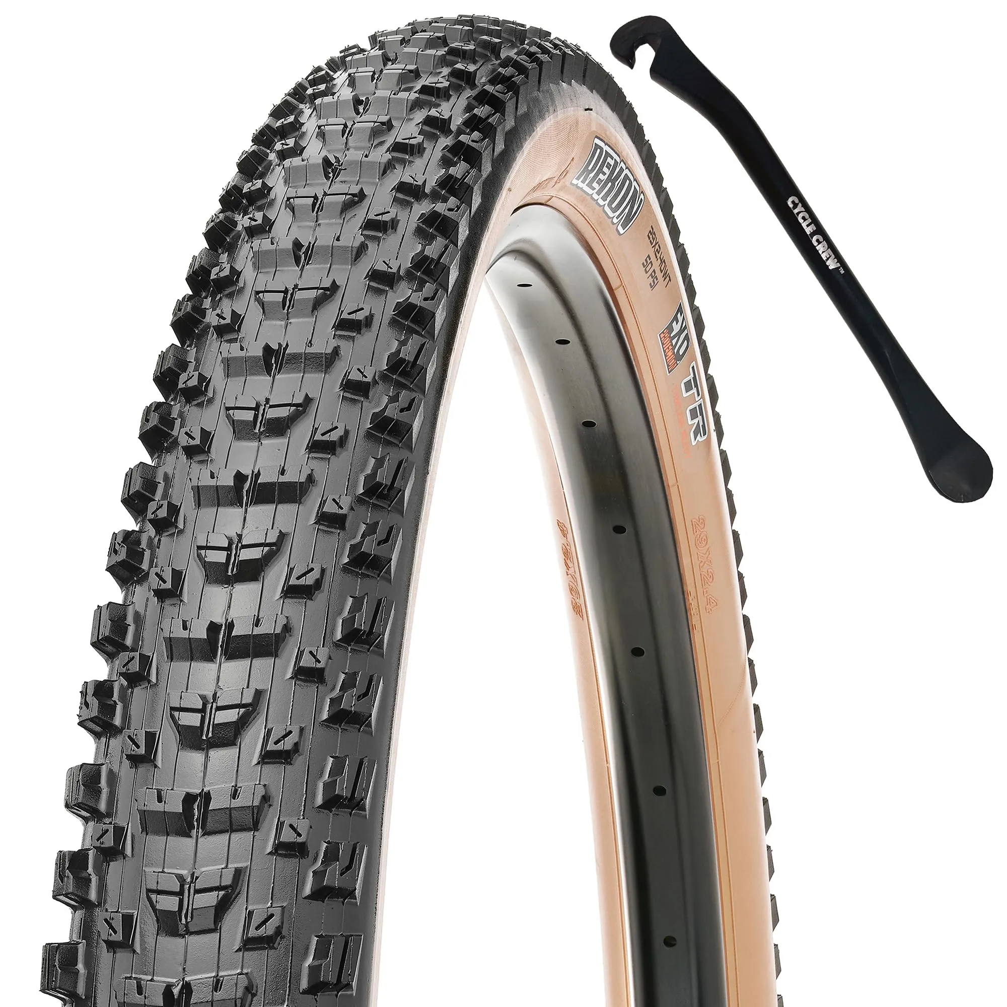 Maxxis Rekon Mountain Bike Tire Bundle - Tan Sidewall 27.5' & 29' with Cycle Crew Tire Lever