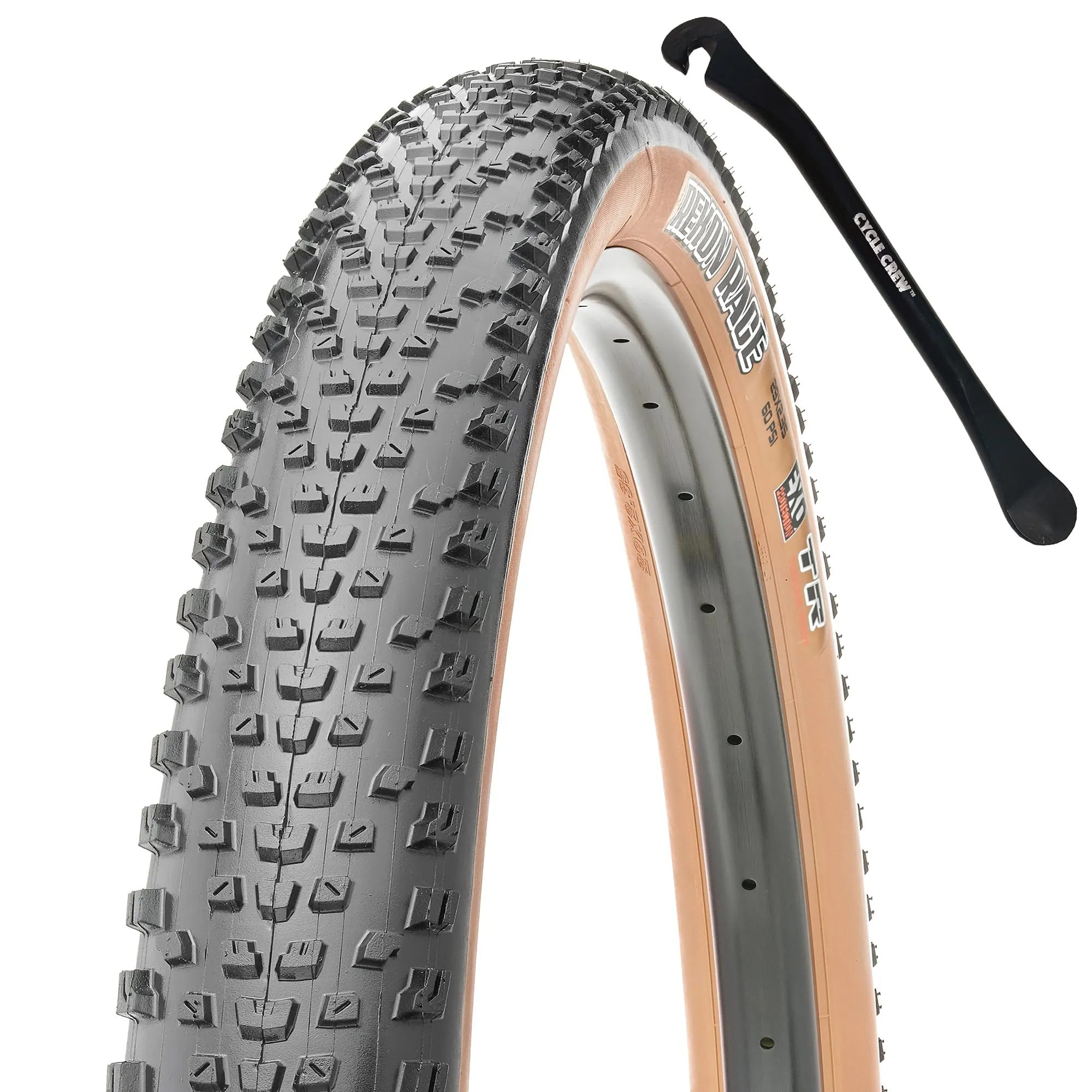 Maxxis Rekon Race Mountain Bike Tire - Tan Sidewall - 27.5' & 29' - Bundle with Tire Lever