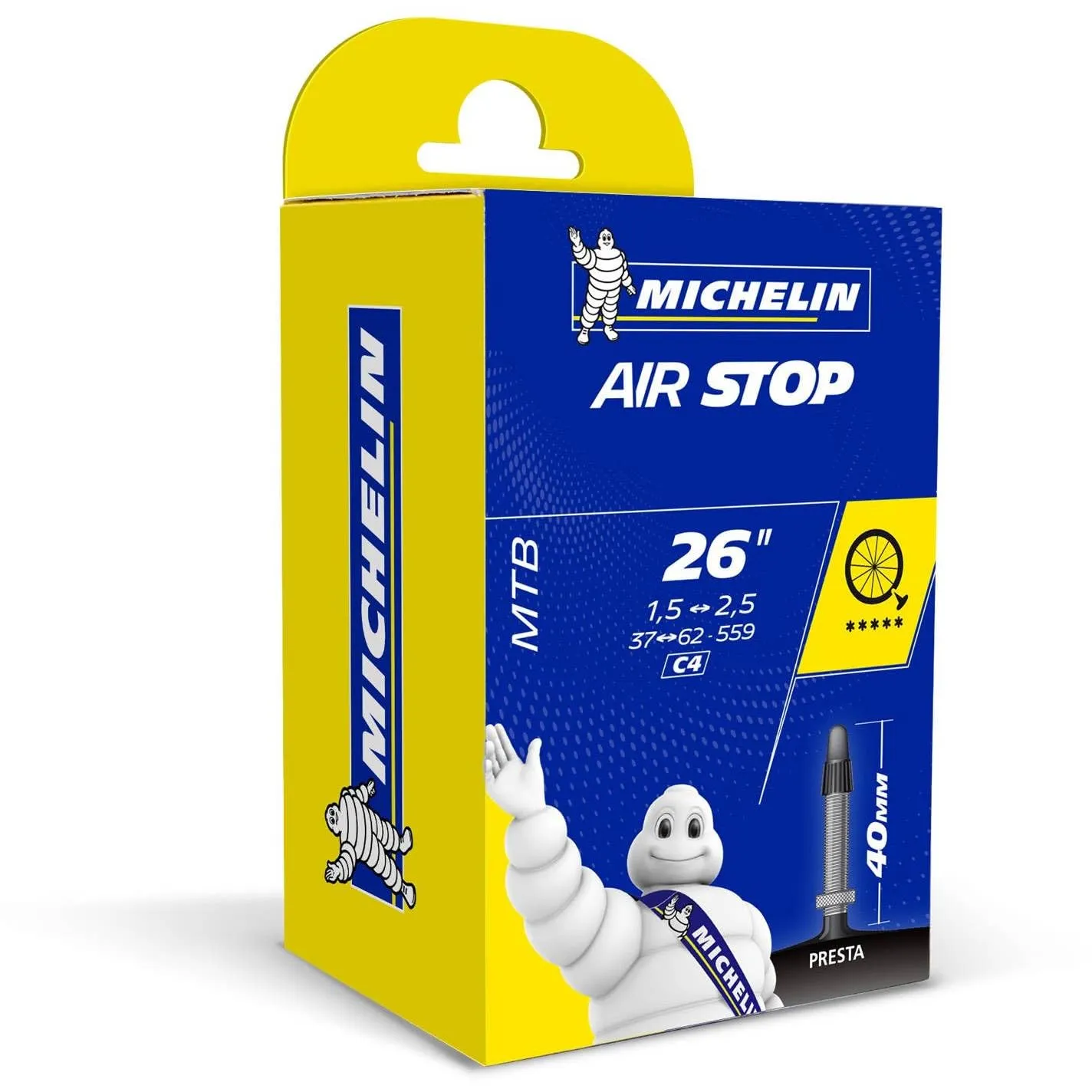 Michelin Airstop C4 Butyl MTB Bike Tube 26 x 1.6/2.1 with 40mm Presta Valve - Durable & Reliable