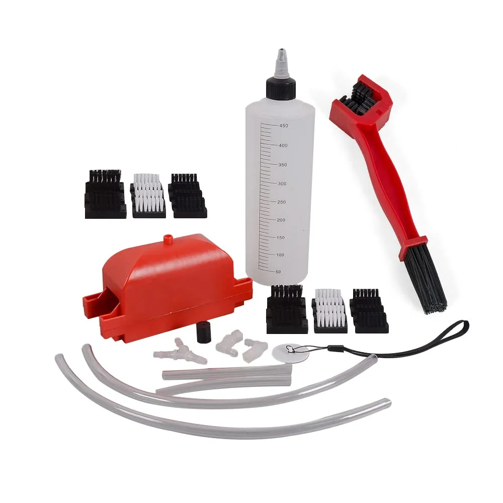 MOTO4U Bike Chain Cleaner Lube Set - 2 Brush Sets, 1 Bottle, Chain Brush for Motorcycles & Bicycles