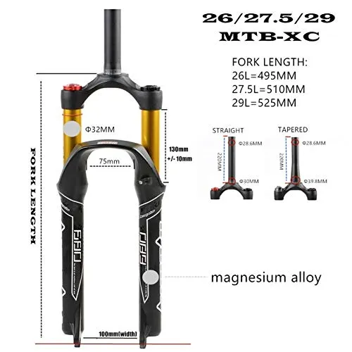 Bike Air Fork 26/27.5/29 Inch Mountain Bike Suspension Fork 100mm Travel 1-1/2