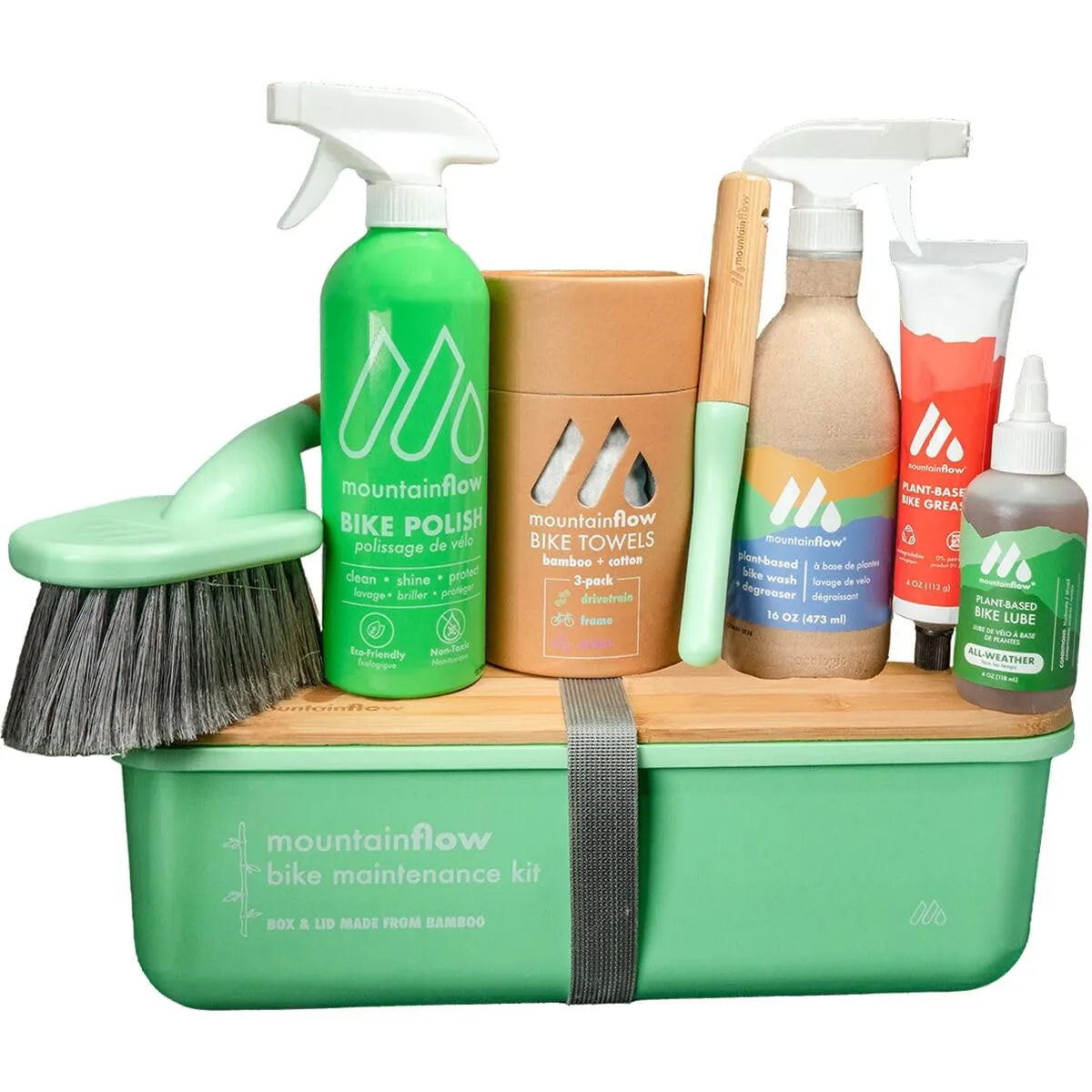 mountainFLOW Bike Maintenance Kit - Eco-Friendly Bike Wash, Degreaser, Chain Lube, Grease & Brushes