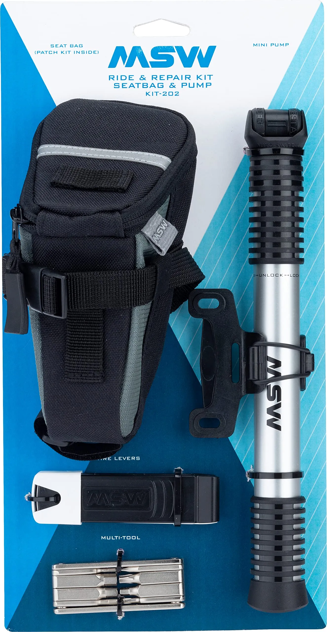 MSW BIKE Premium Ride and Repair Tool Kit with Large Seat Bag, Glueless Tire Repair & Airlift Pump