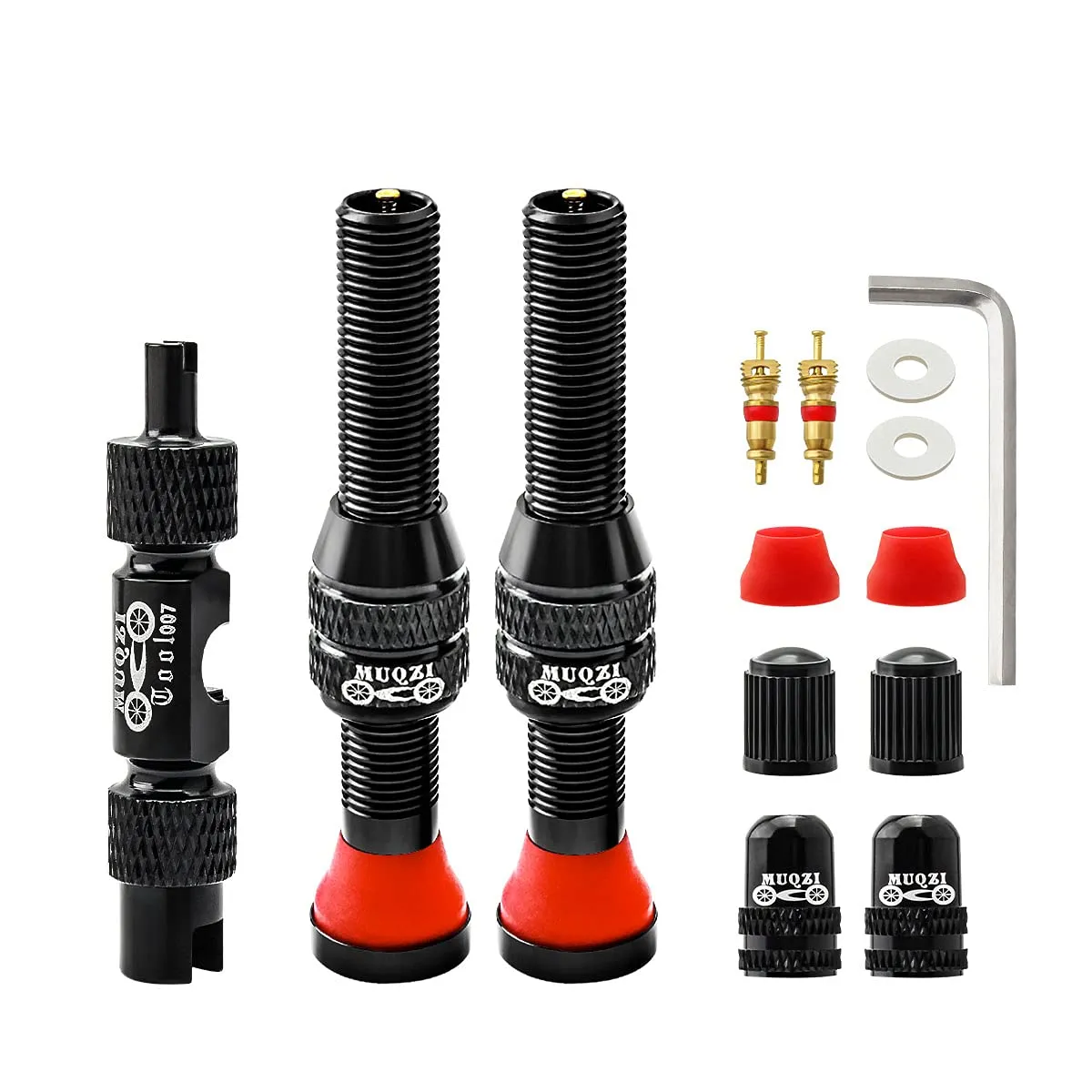 MUQZI Tubeless Schrader Valve Stems Kits - Alloy 60mm Black MTB Universal Valve with Tool