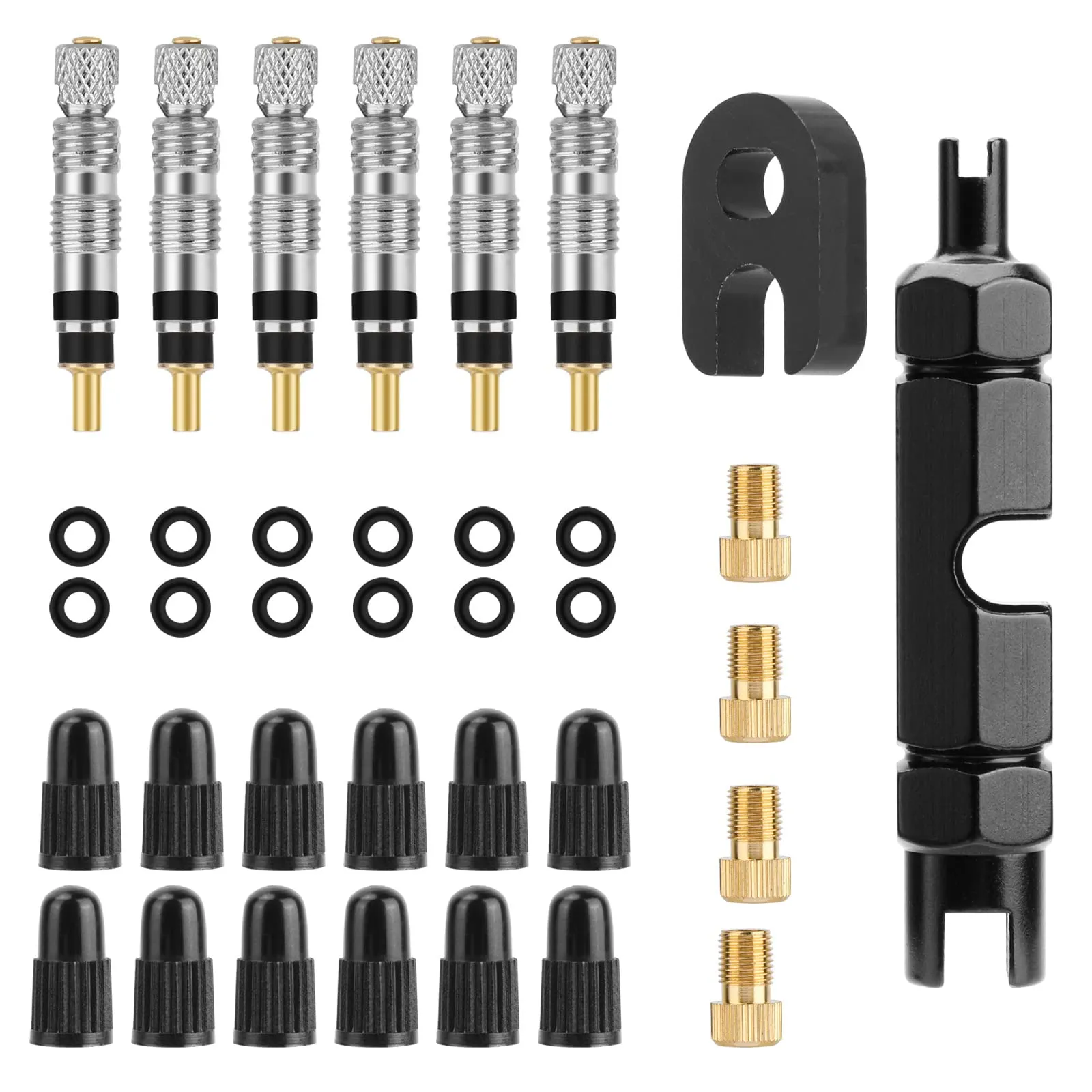 Oumers Bicycle Presta Valve Set - 36PCS, 3-in-1 Tool, Universal Adapters, Portable Storage