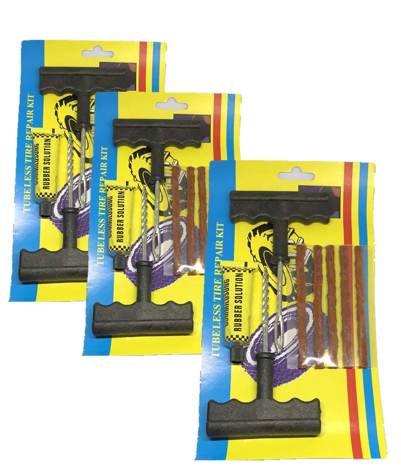 Pack of 3 Heavy Duty Tubeless Tire Repair Kit with T-Handle Tools and 5 Plug Strips