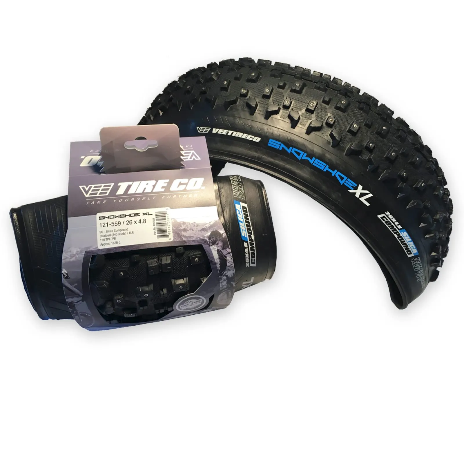 Pair of Vee Tire Snow Shoe XL Studded 26x4.8 Fat Bike Tires with Folding Bead & Silica Compound
