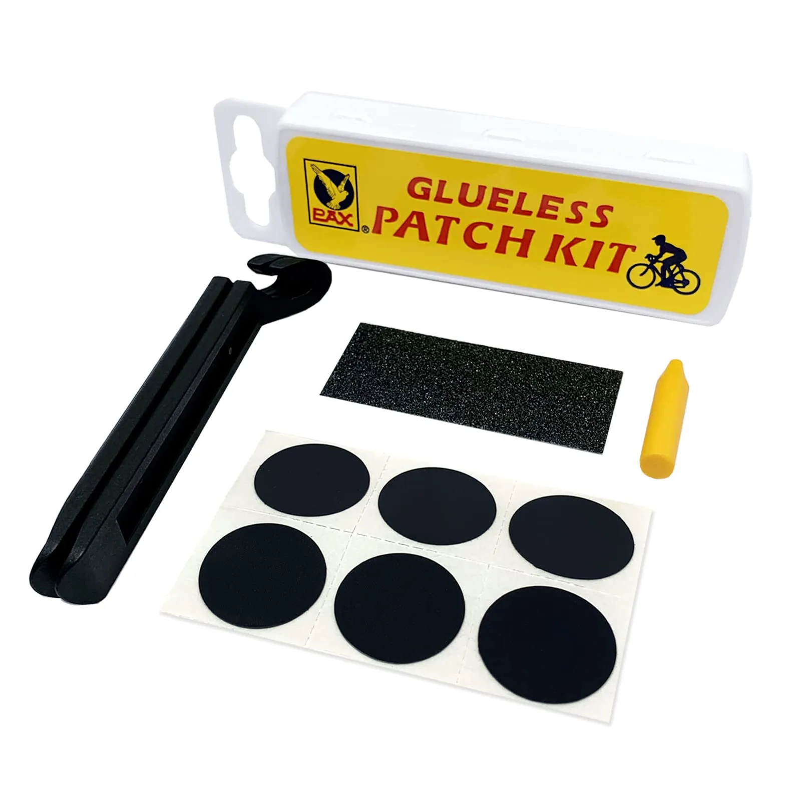 PAX 11-Piece Glueless Bike Tire Repair Kit with Nylon Levers, Sand Paper, and Marking Pen