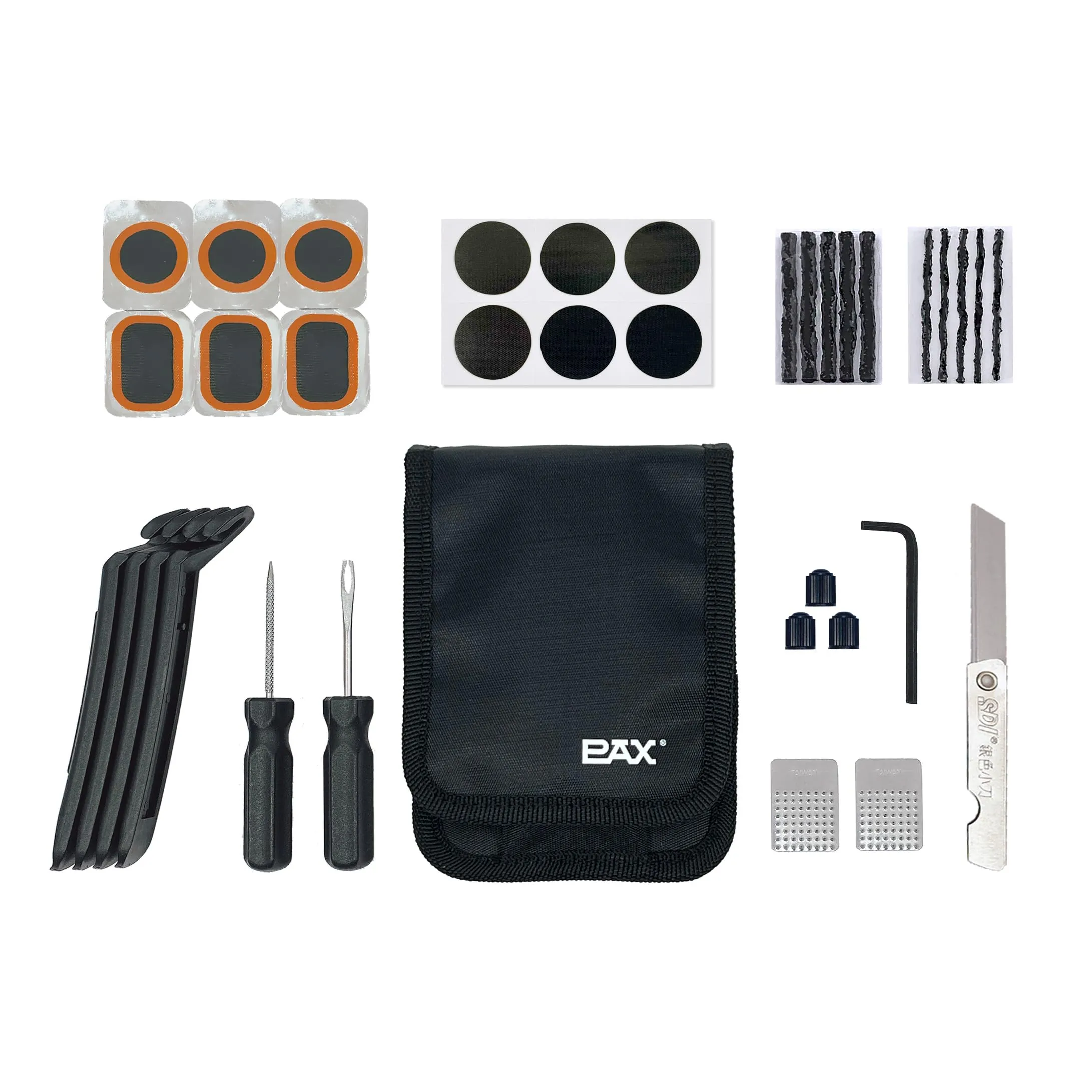 PAX 36Pcs Bike Tire Repair Tool Kit - Complete Glueless Set with Patches, Levers, and Accessories