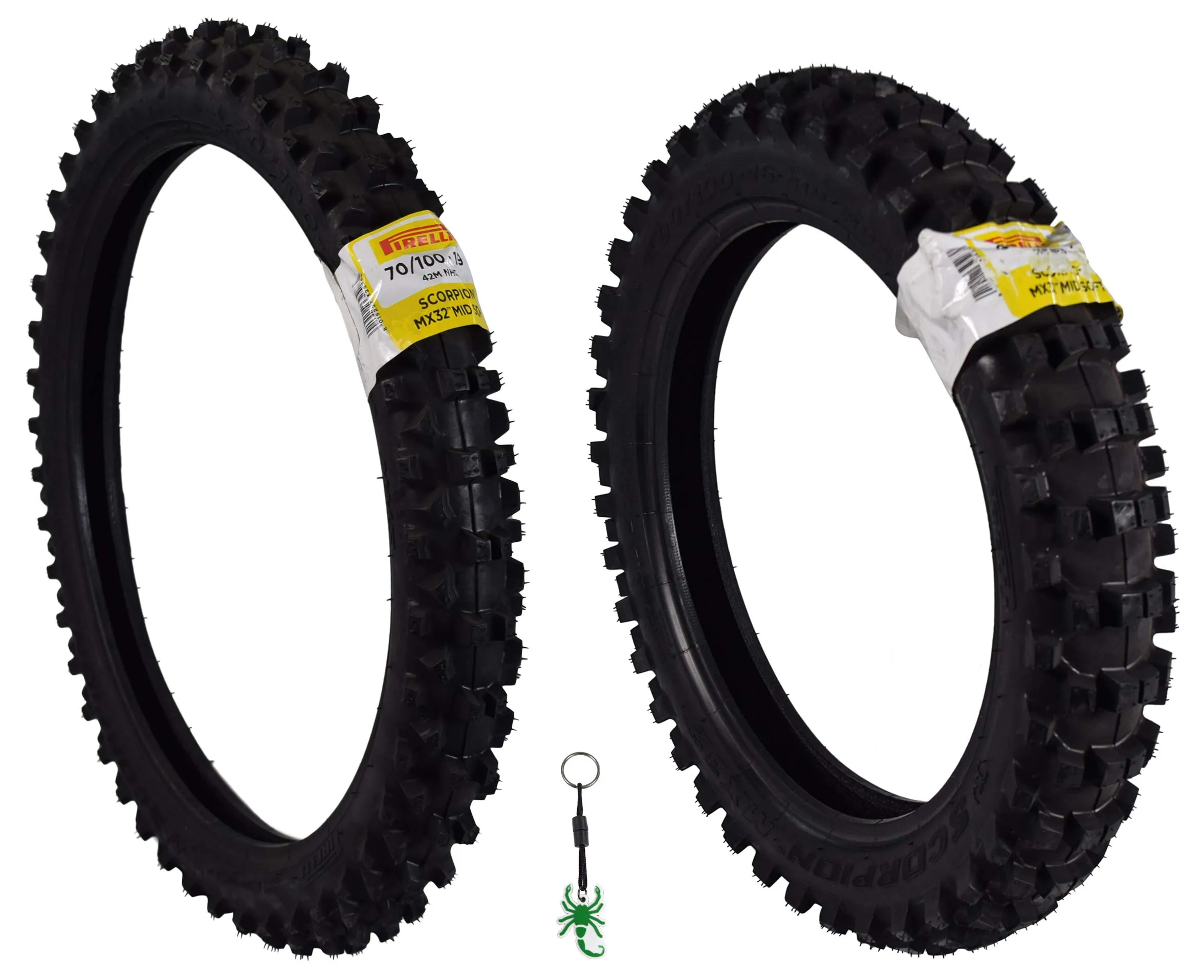 Pirelli Scorpion MX32 Mid Soft Dirt Bike Tire Set with Keychain, 70/100-19 F & 90/100-16 R