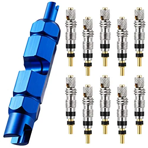 Piston Core Remover Tool Kit - Blue Bicycle Piston Core Tool with 10 Brass Cores for Tires