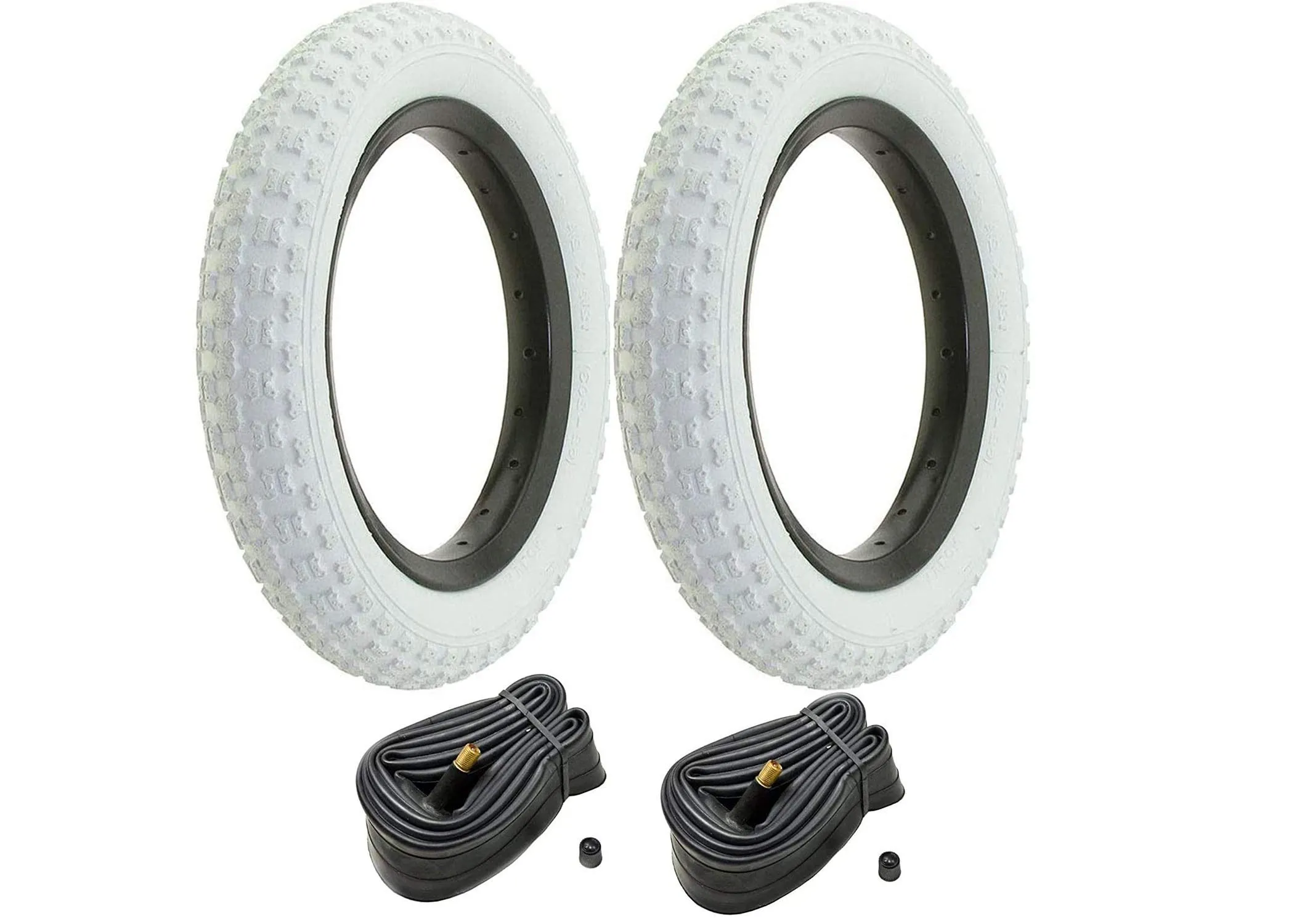 Premium Kids Bicycle Tires & Tubes Set - 12.5' x 2.25' White Tires & 12' American Valve Tubes