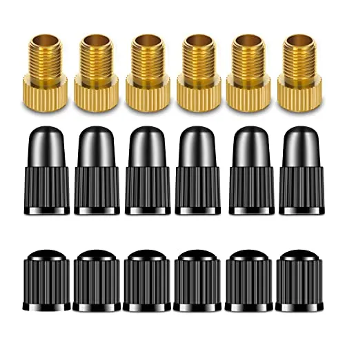 Presta to Schrader Valve Adaptor Set - 6 Adapters & 12 Caps for Bikes, Cars - Durable Brass