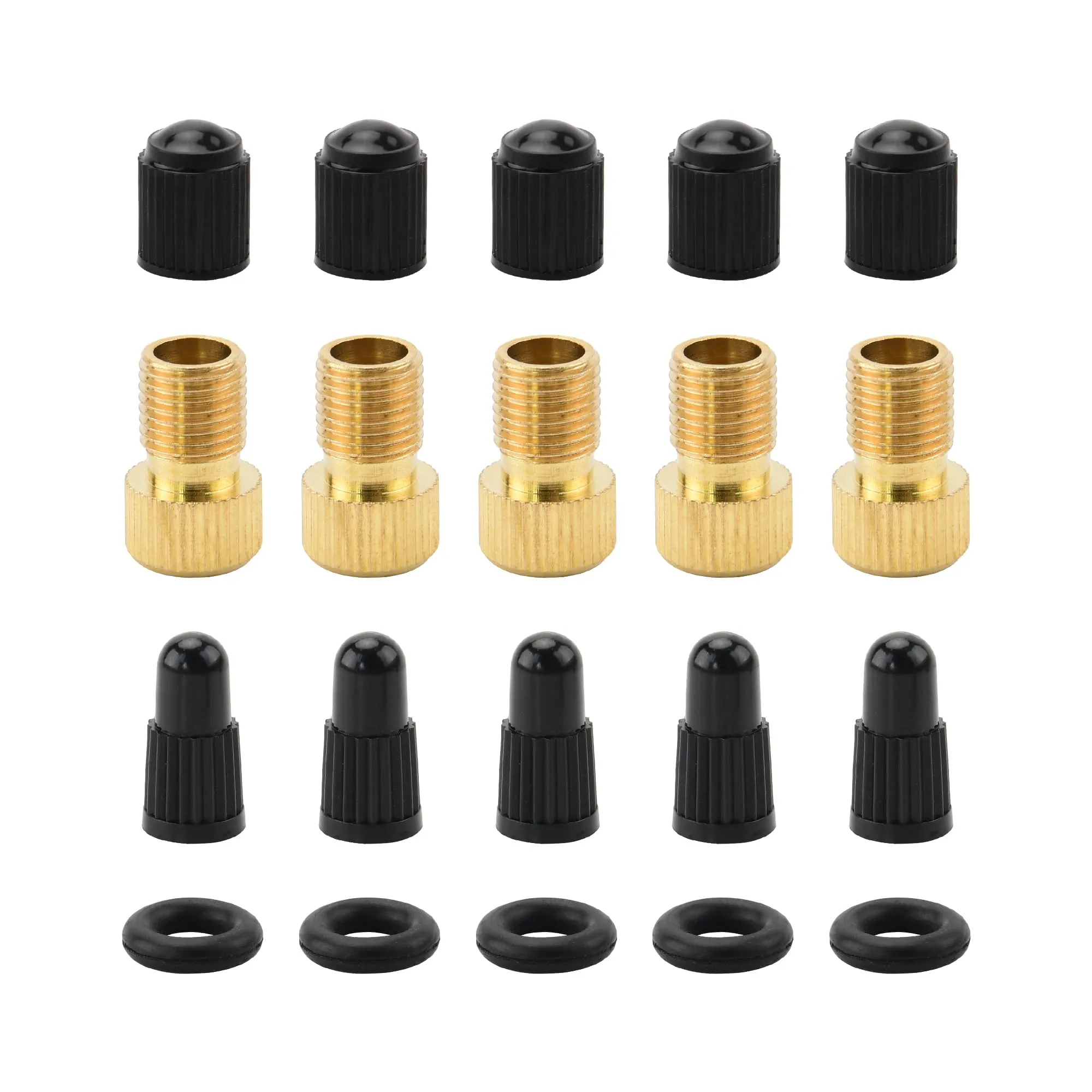Presta Valve Adapter Set - 5 Brass Adapters & 10 Caps for Bikes, Motorcycles, Cars