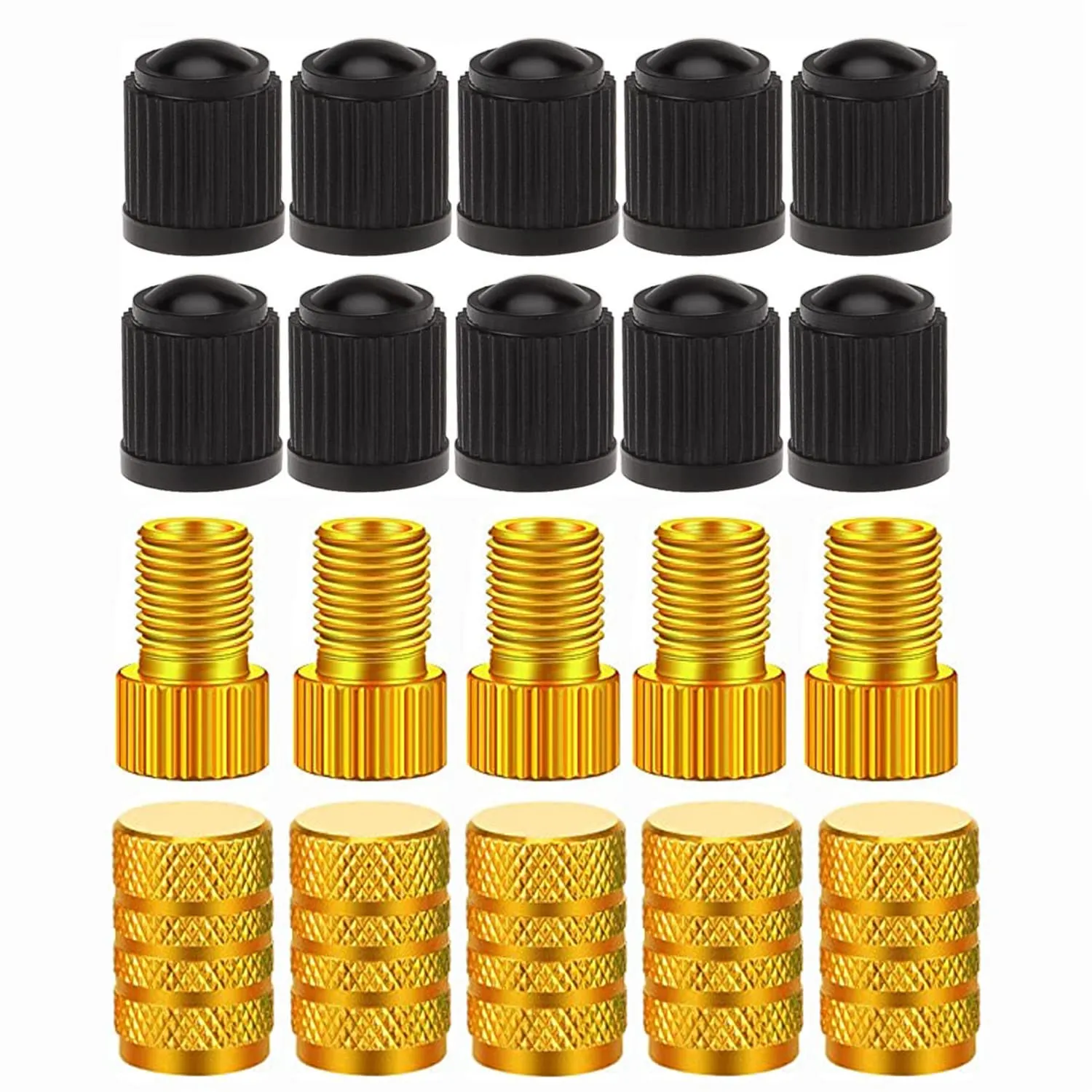 Presta Valve Adapter Set - 5 Pcs Presta to Schrader Adapters with 15 Valve Caps (Gold)