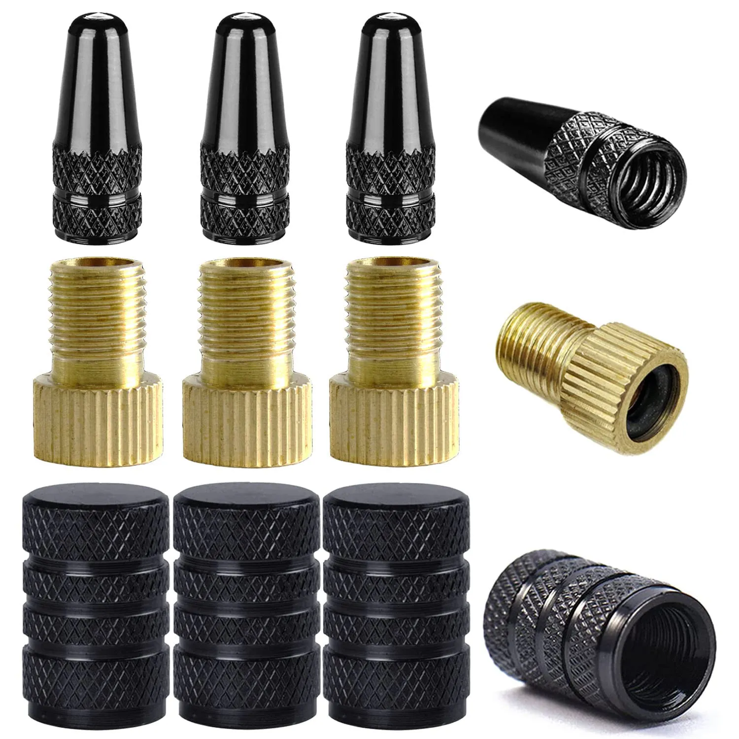 Presta Valve Adapter Set - Convert Presta to Schrader for Air Pumps, 12-Piece Brass Kit with Caps