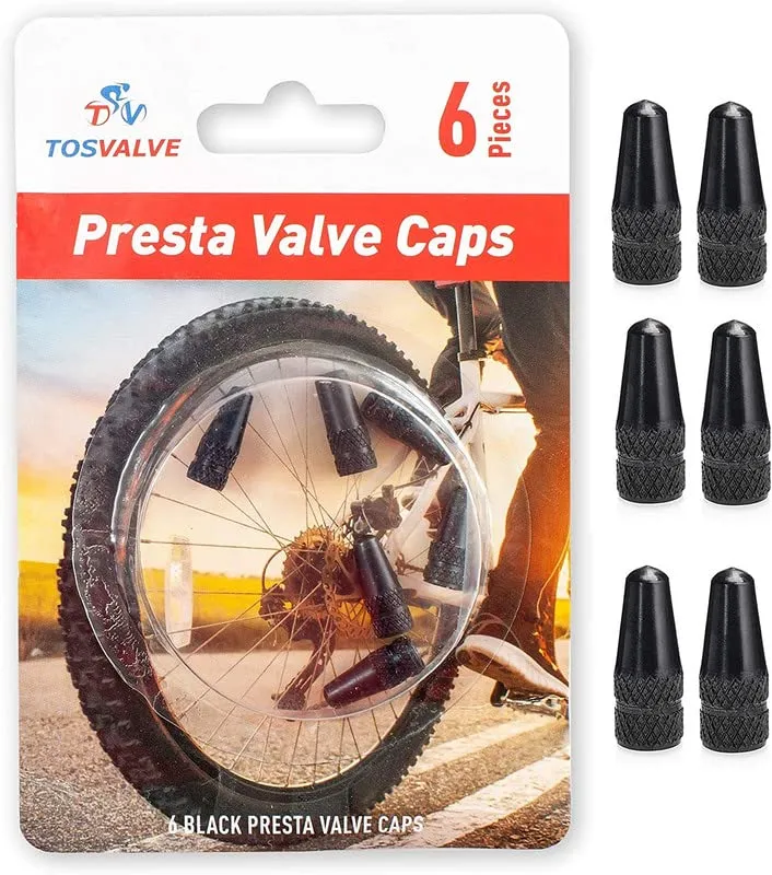 Presta Valve Cap Set of 6 - Anodized Aluminum Cycling Tire Air Valve Caps in Black